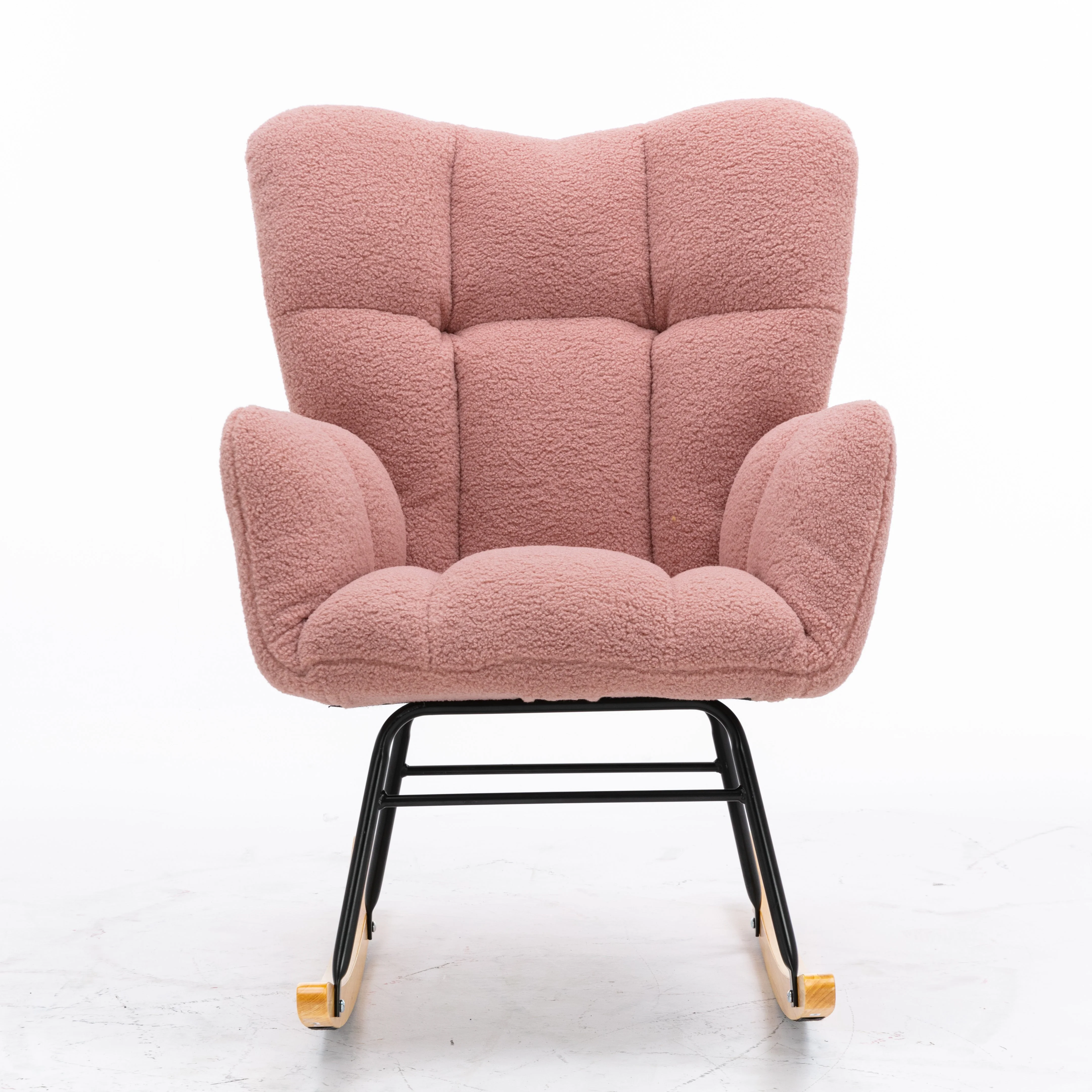 Mid Century Modern Rocking Chair, Tufted Teddy Fabric, Padded Seat, Pink - Image 8