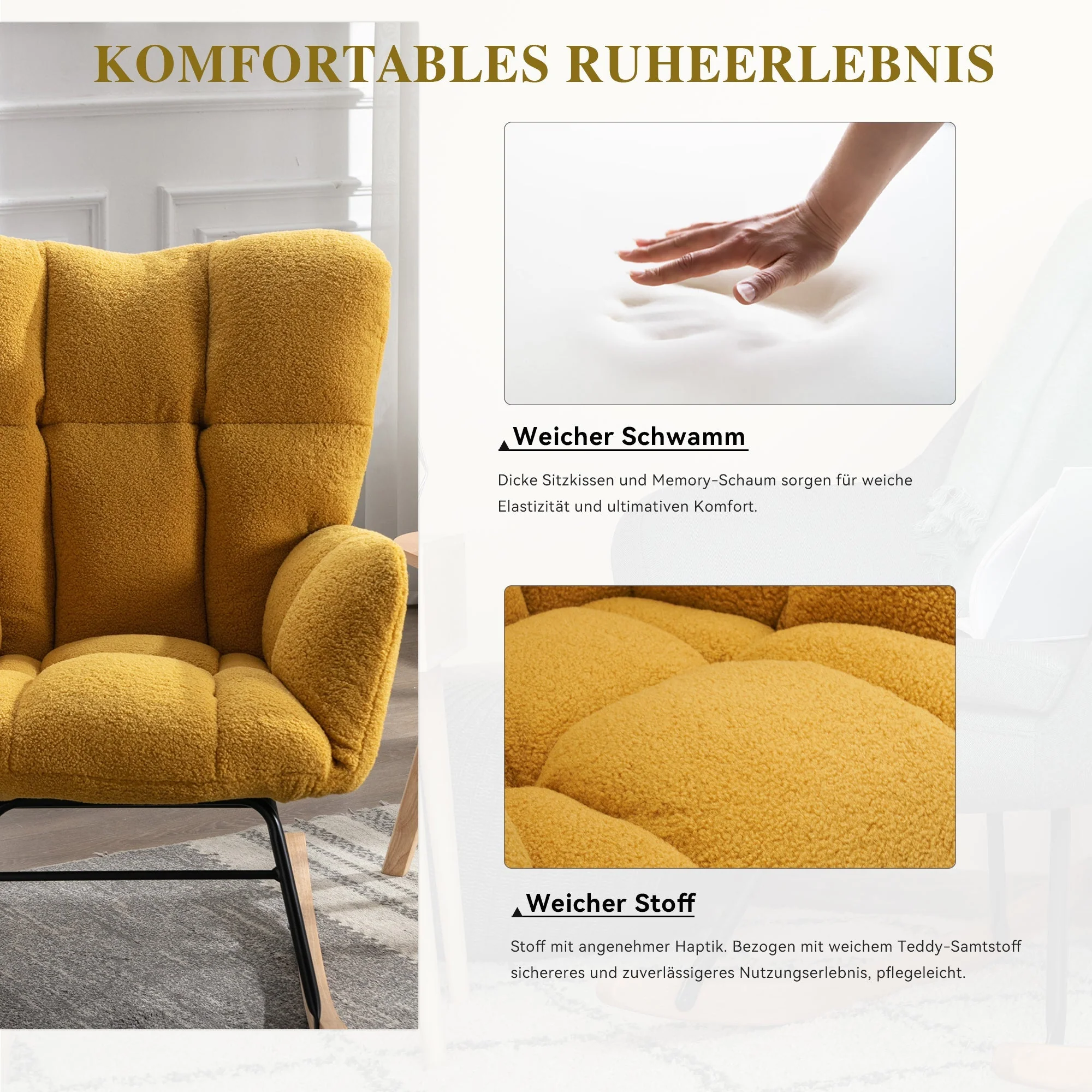 Mid Century Modern Rocking Chair with Tufted Cover, Padded Seat, Teddy Fabric, Yellow - Image 5