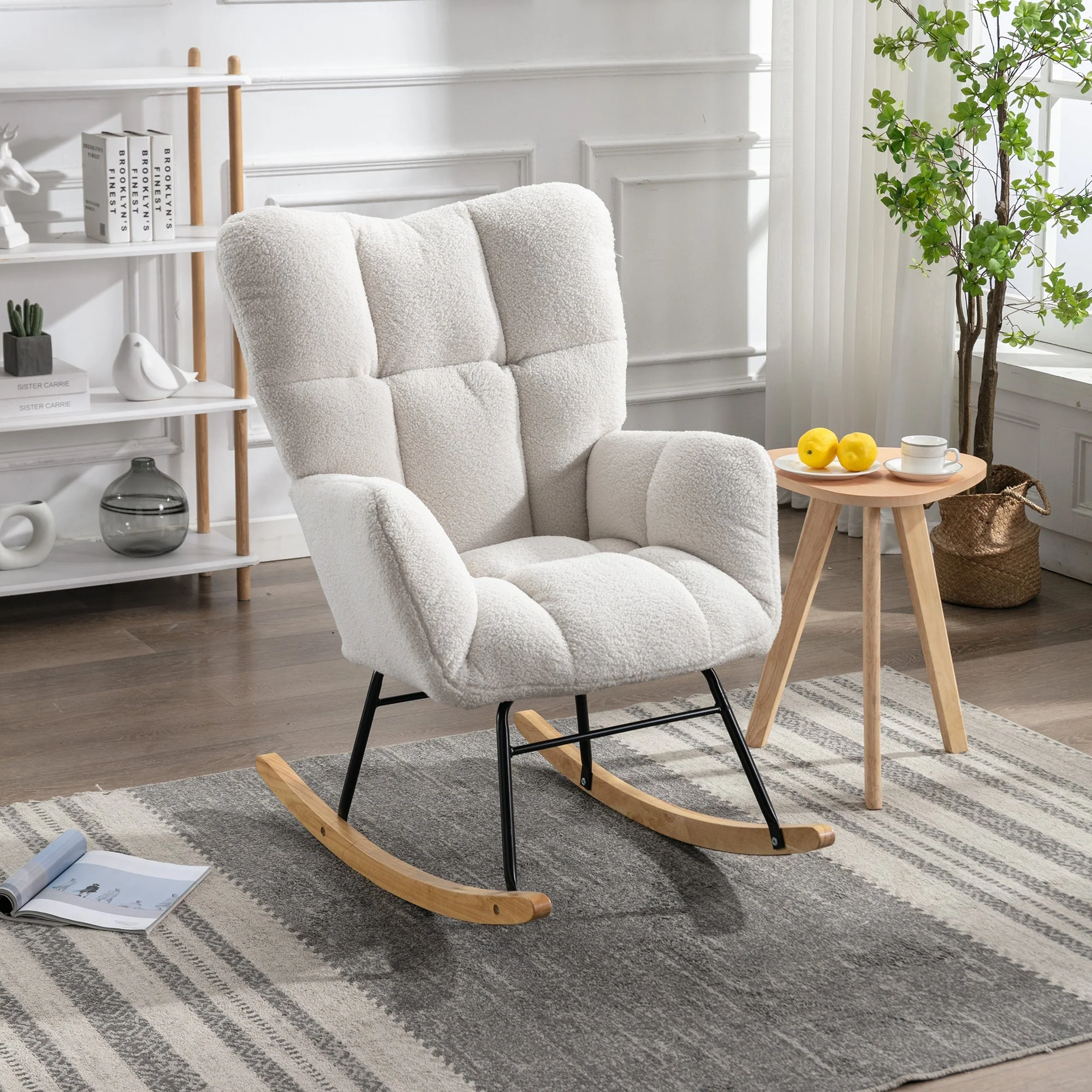 Mid Century Modern Rocking Chair with Tufted Cover, Padded Seat, White
