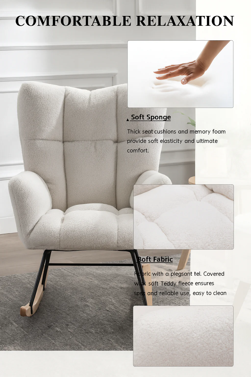 Mid Century Modern Rocking Chair with Tufted Cover, Padded Seat, White - Image 10