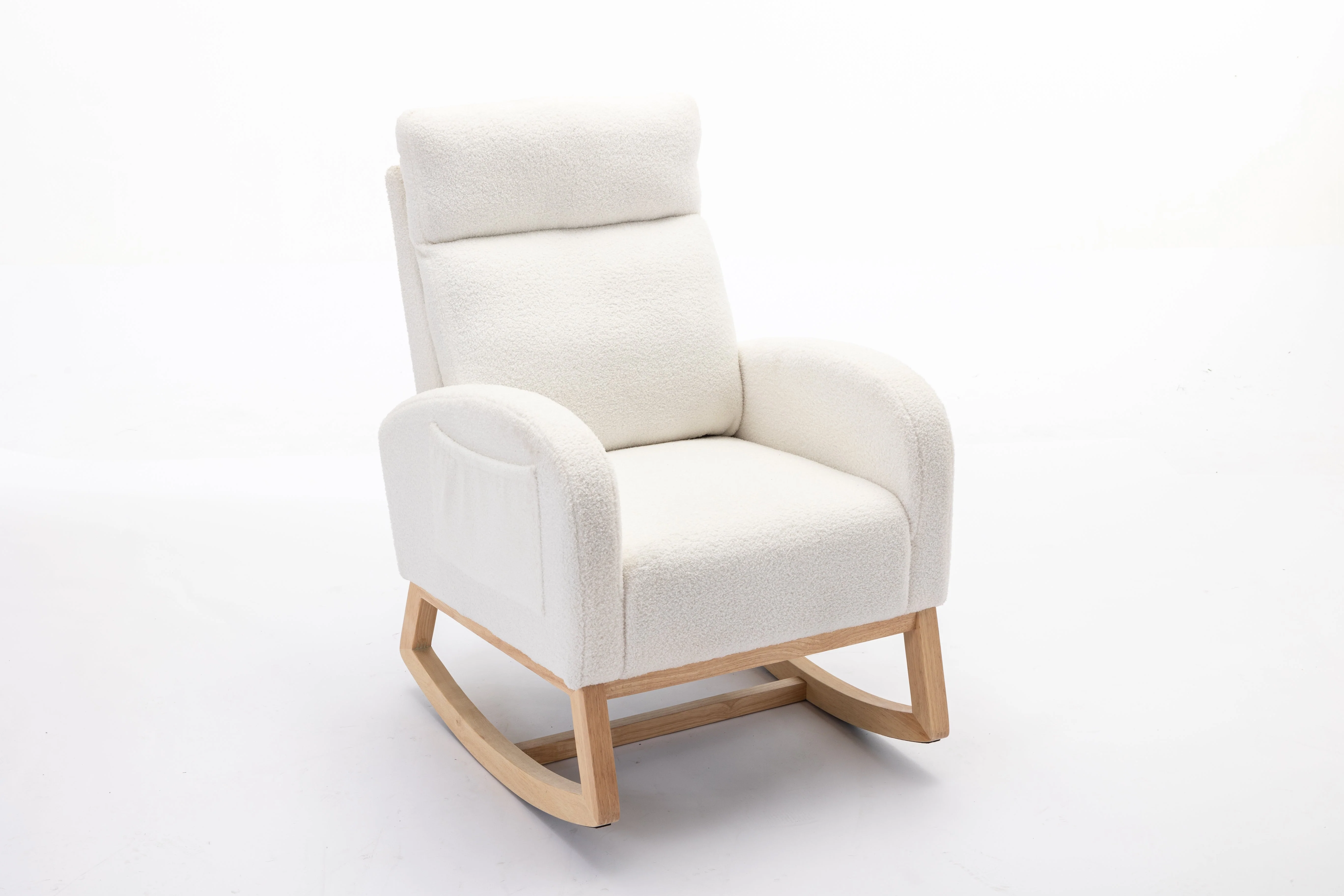 Mid Century Modern Teddy Fabric Upholstered Rocking Chair Padded Seat For Living Room Bedroom, Beige - Image 7