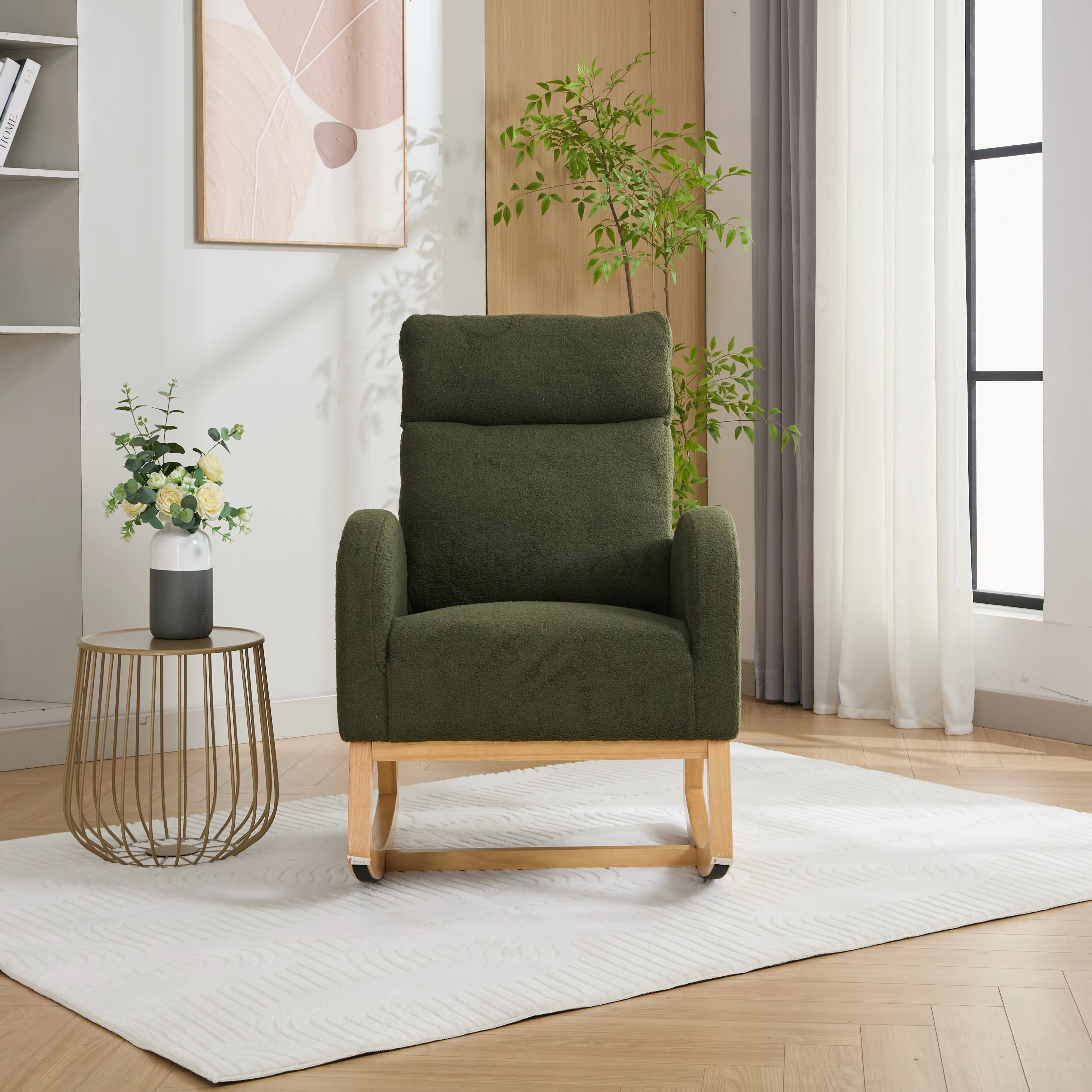 Mid Century Modern Teddy Fabric Upholstered Rocking Chair Padded Seat For Living Room Bedroom, Green - Image 6