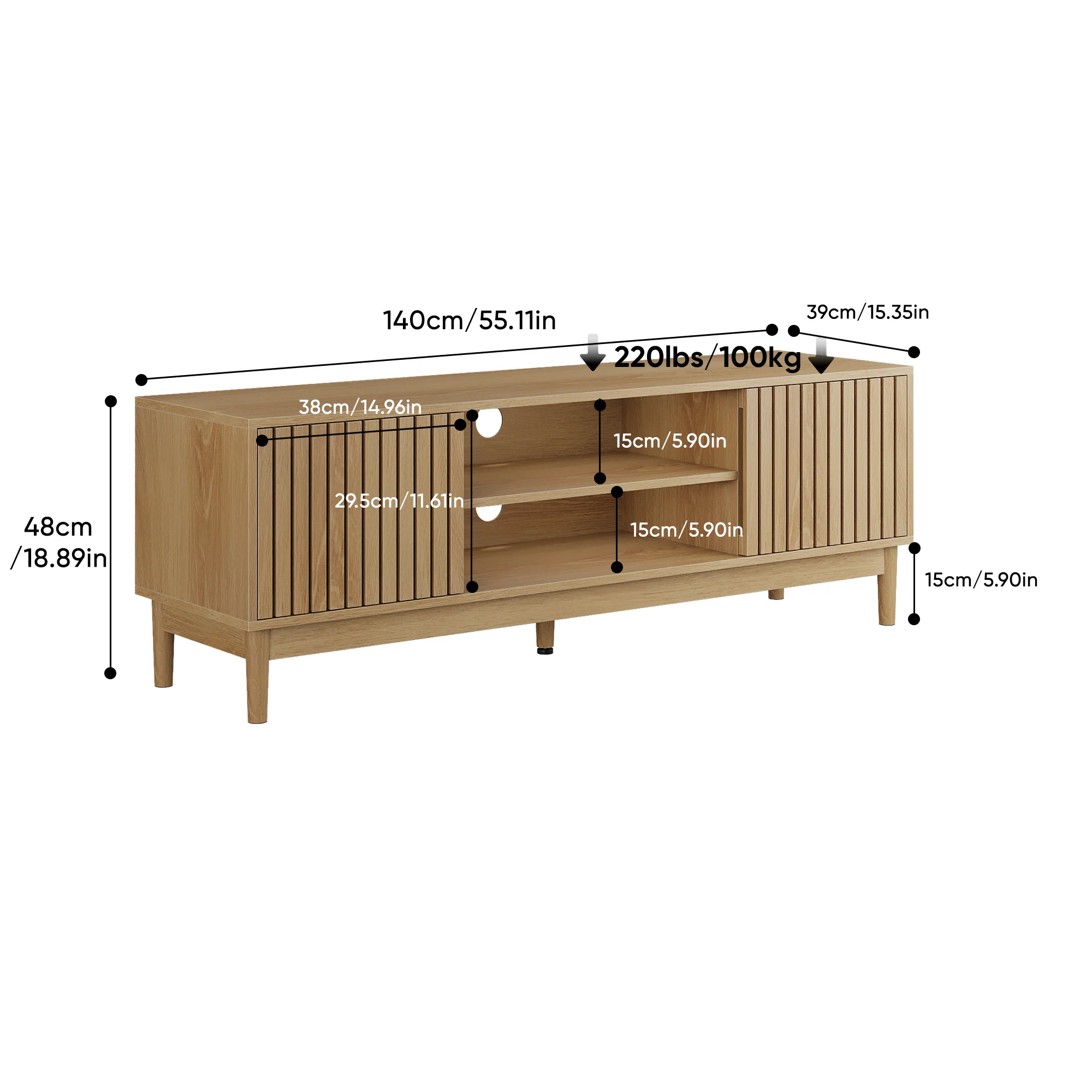 Mid-Century Modern TV Stand for 55/65 Inch TVs with Storage, 140cm High Media Console, Oak Color - Image 2
