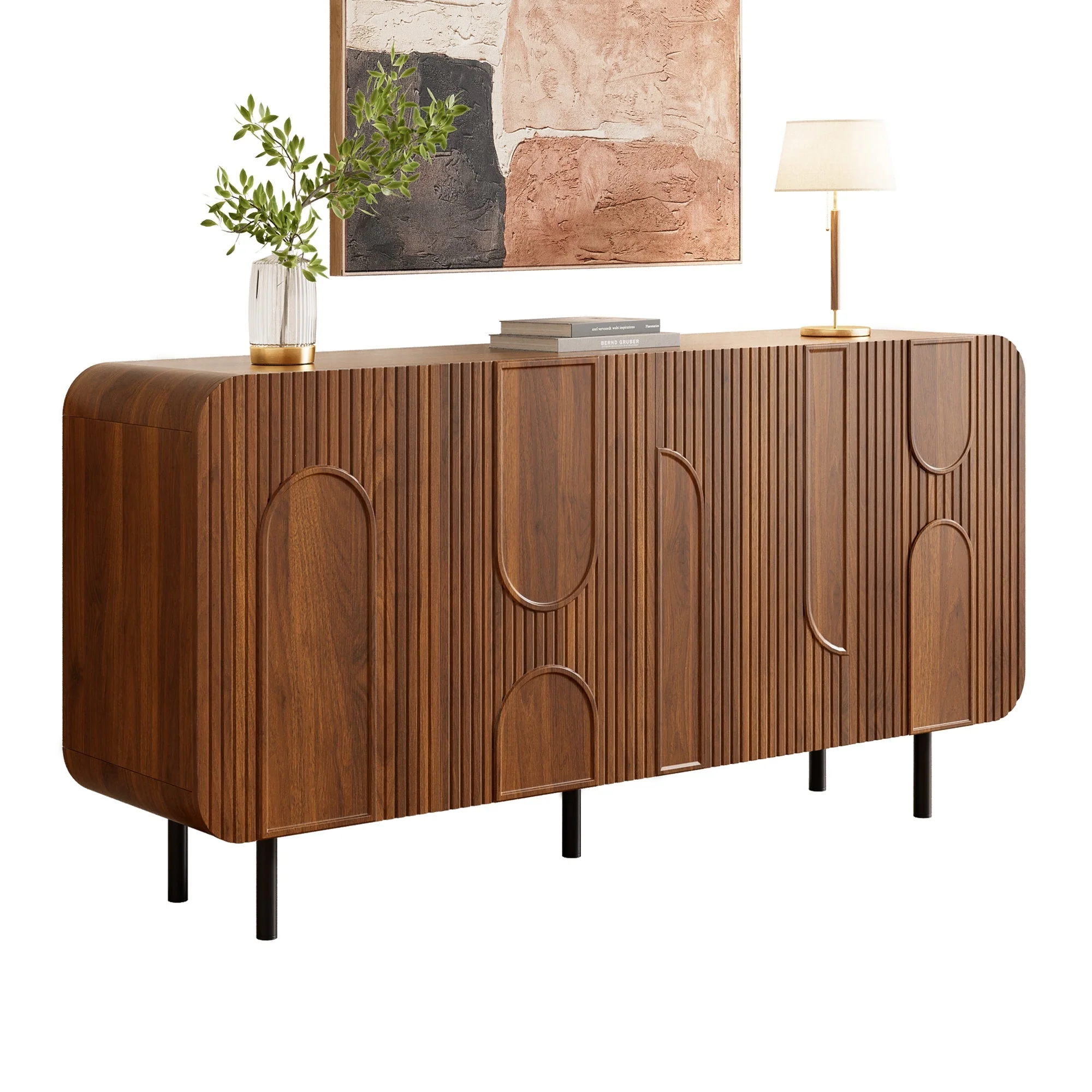 Mid-Century Sideboard with 4 Doors and 8 Compartments, Walnut Finish Wood and Metal - Image 2