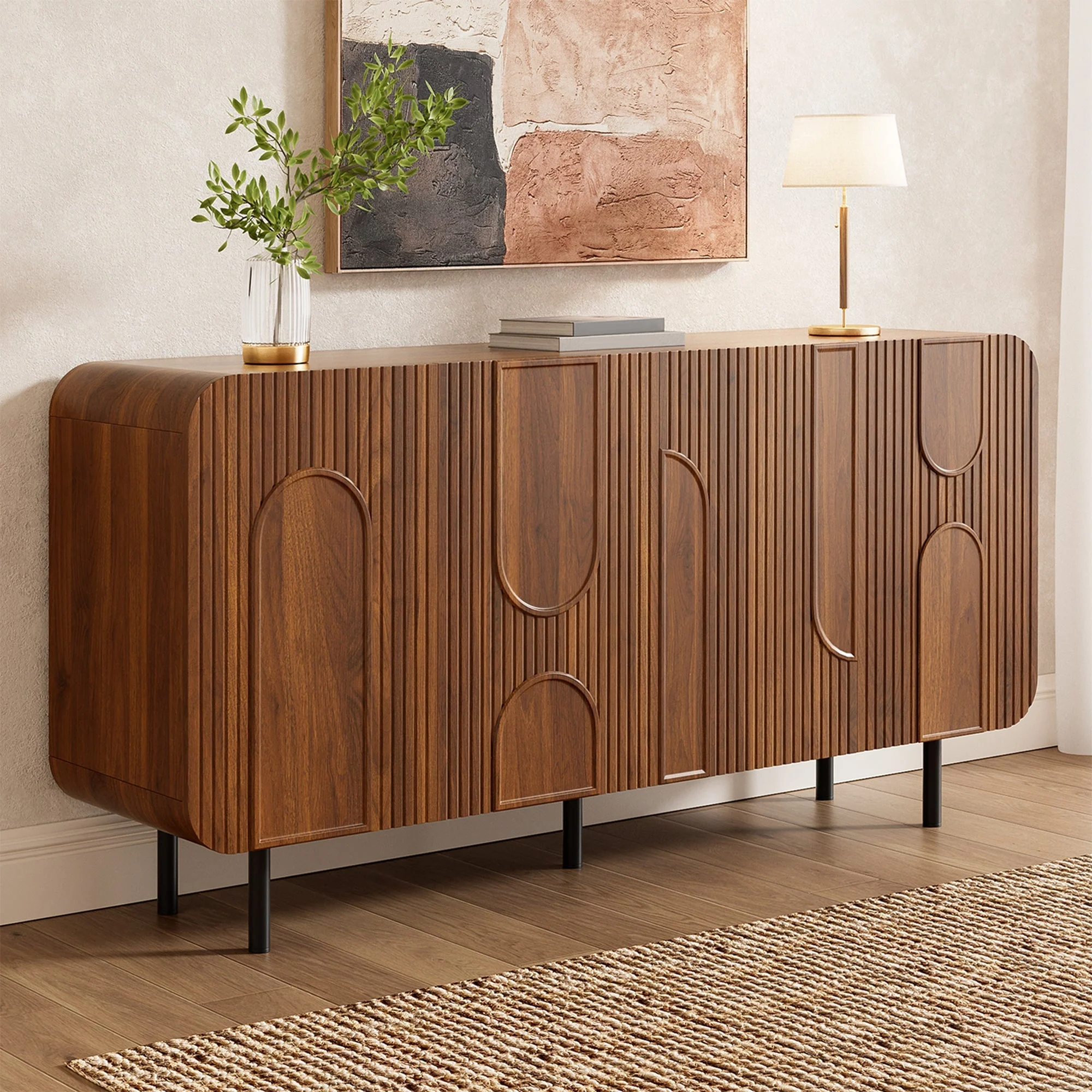 Mid-Century Sideboard with 4 Doors and 8 Compartments, Walnut Finish Wood and Metal - Image 3