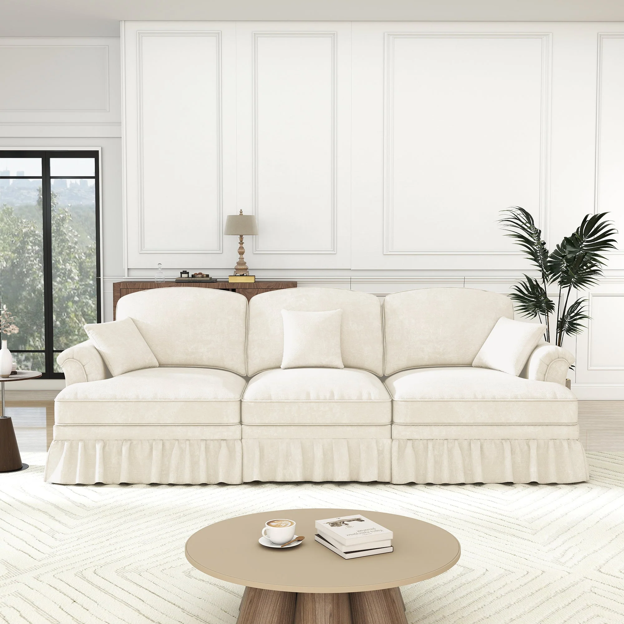 Mid-Century Sofa 3-Seater Funnel Armrests Ruffled Apron Chenille White - Image 4