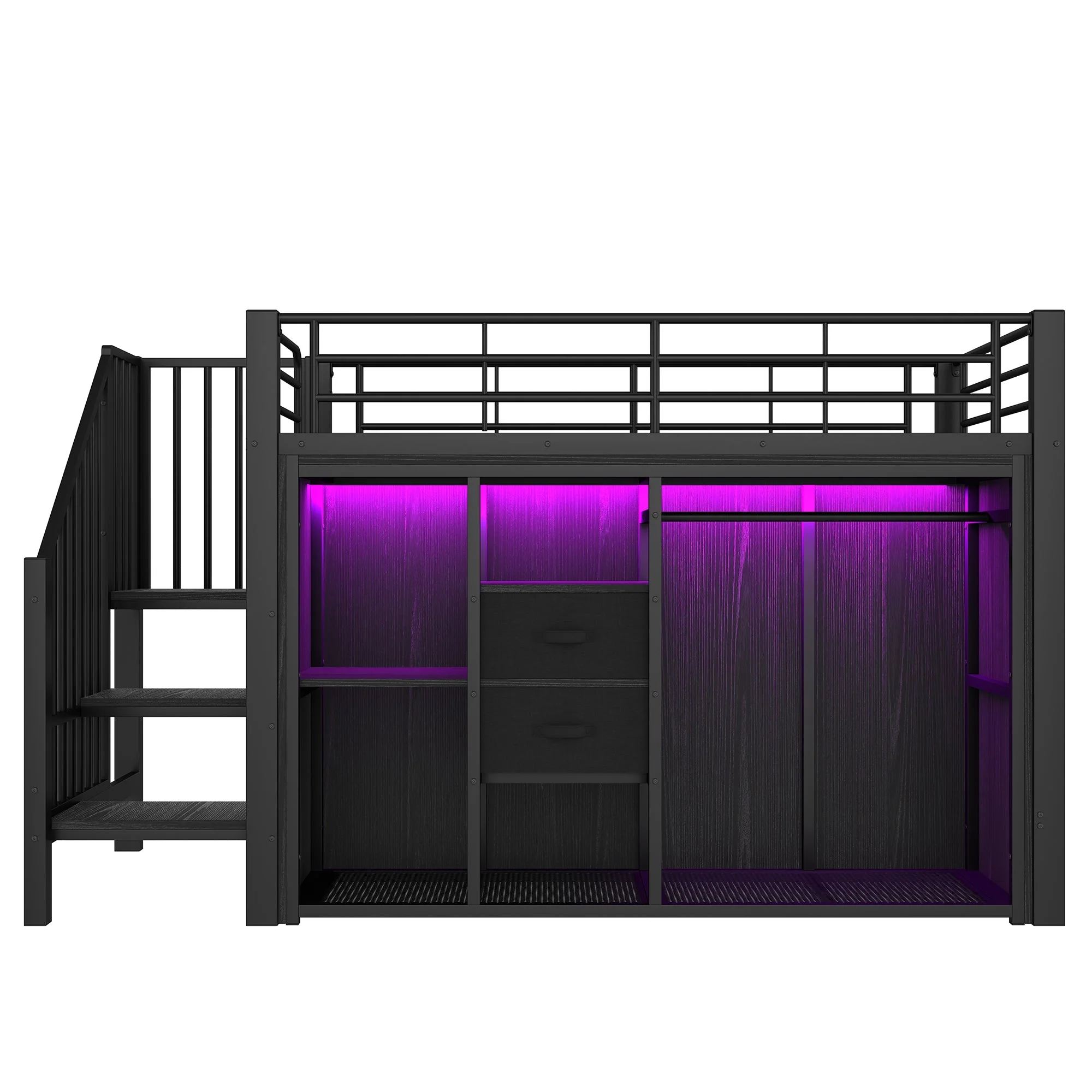 Mid-Height Bed 90x200cm 2 Drawers Open Wardrobe LED Storage - Black - Image 10