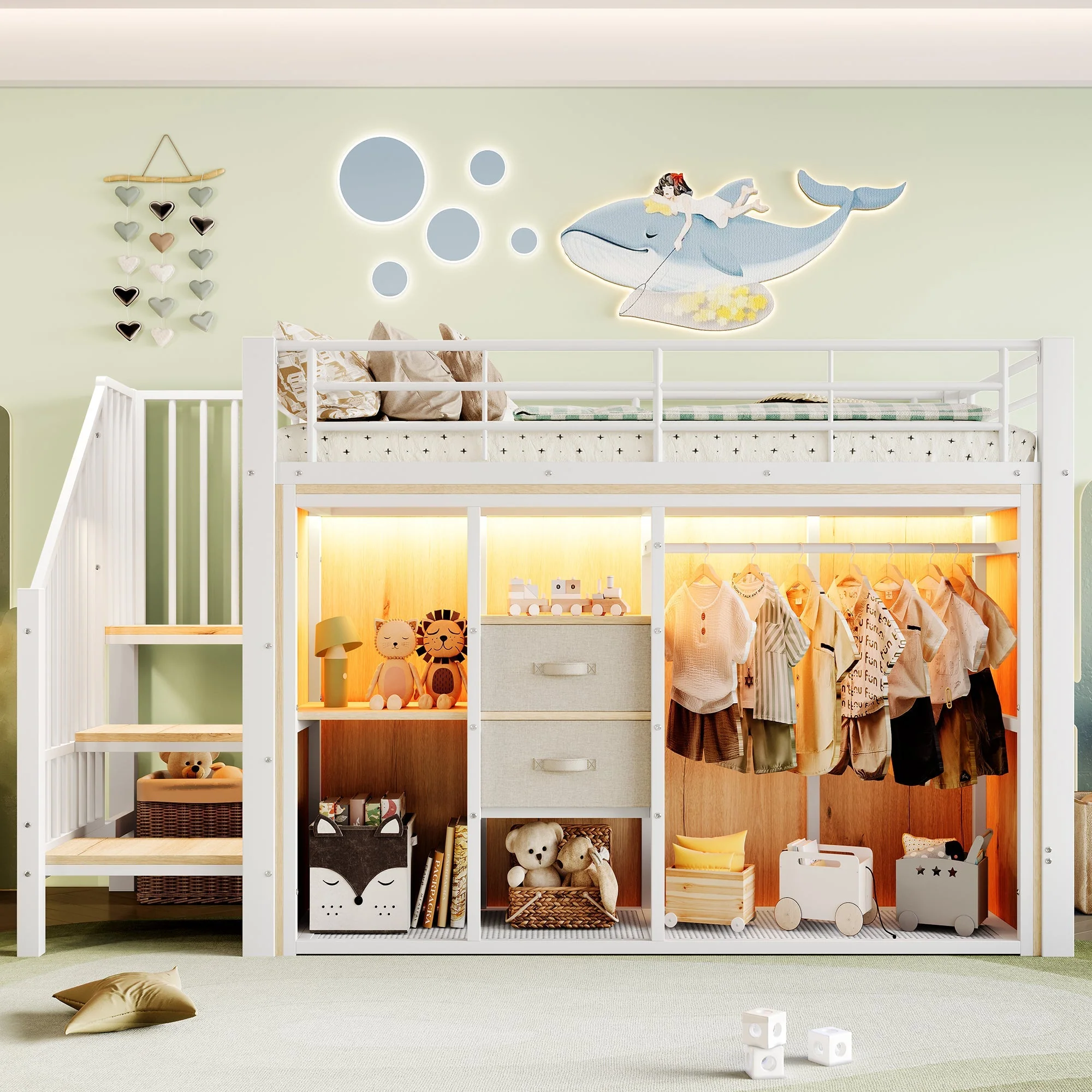 Mid-Height Bed 90x200cm 2 Drawers Open Wardrobe LED Storage - White - Image 5