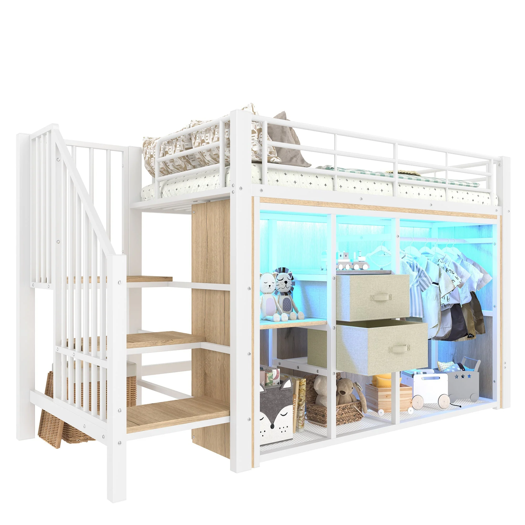 Mid-Height Bed 90x200cm 2 Drawers Open Wardrobe LED Storage - White - Image 8