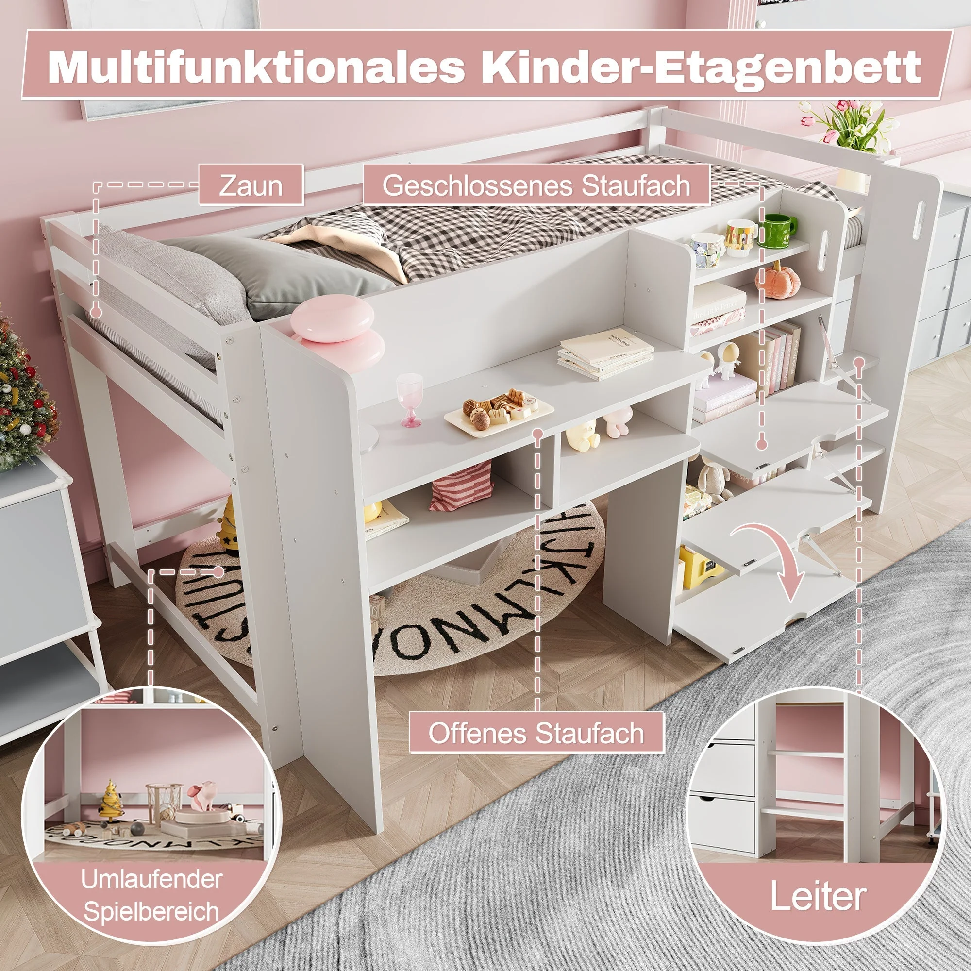 Mid-height Bed 90x200cm House Shape Storage Entertainment Area, White - Image 5