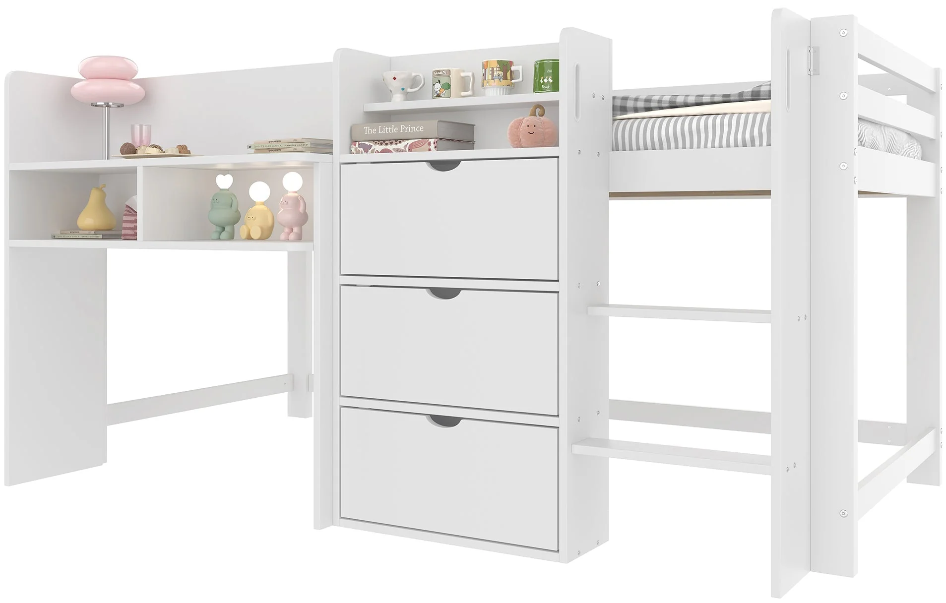 Mid-height Bed 90x200cm House Shape Storage Entertainment Area, White - Image 7