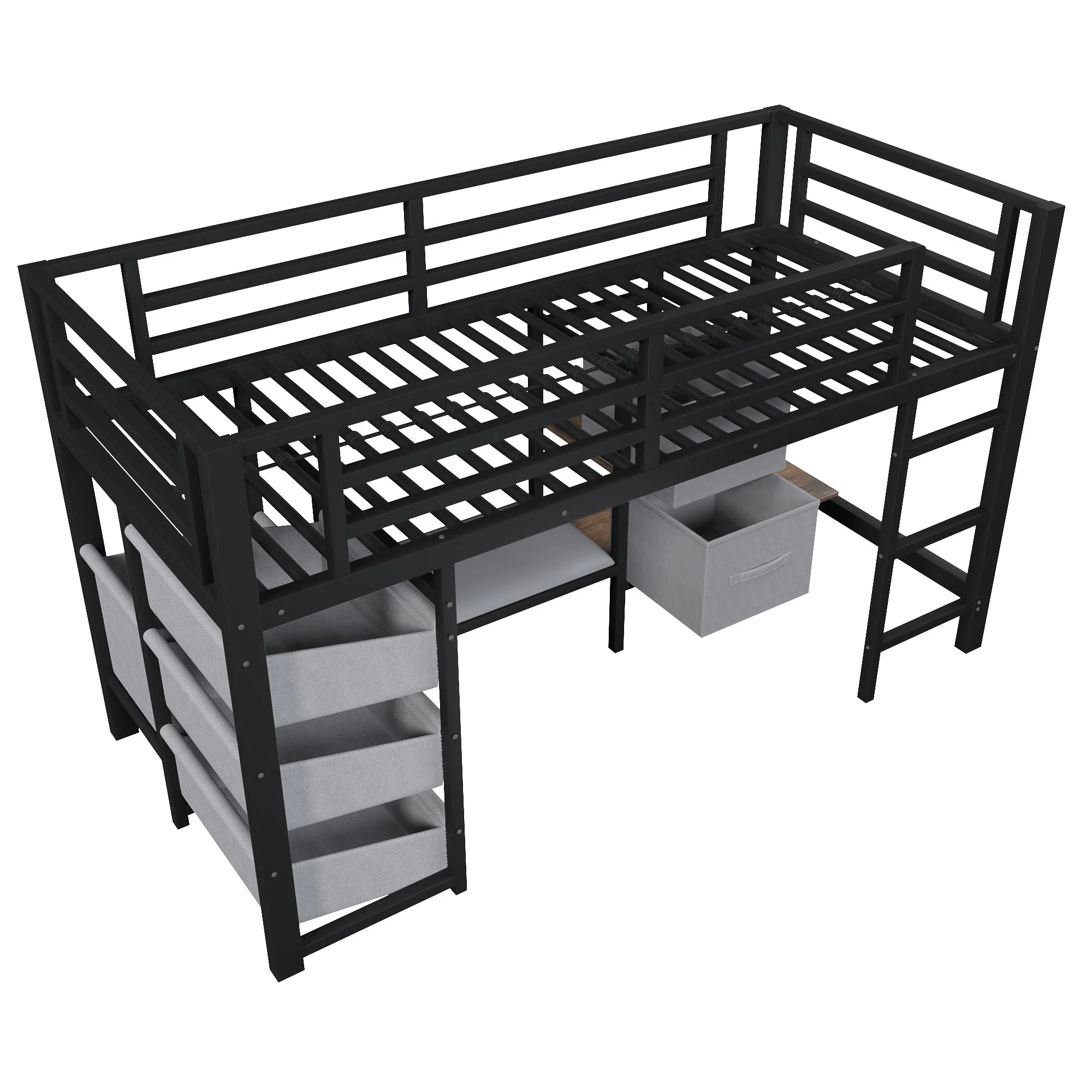 Mid-Height Bed with LED Lighting and Fabric Storage, 90x200 cm, Black Metal - Image 9
