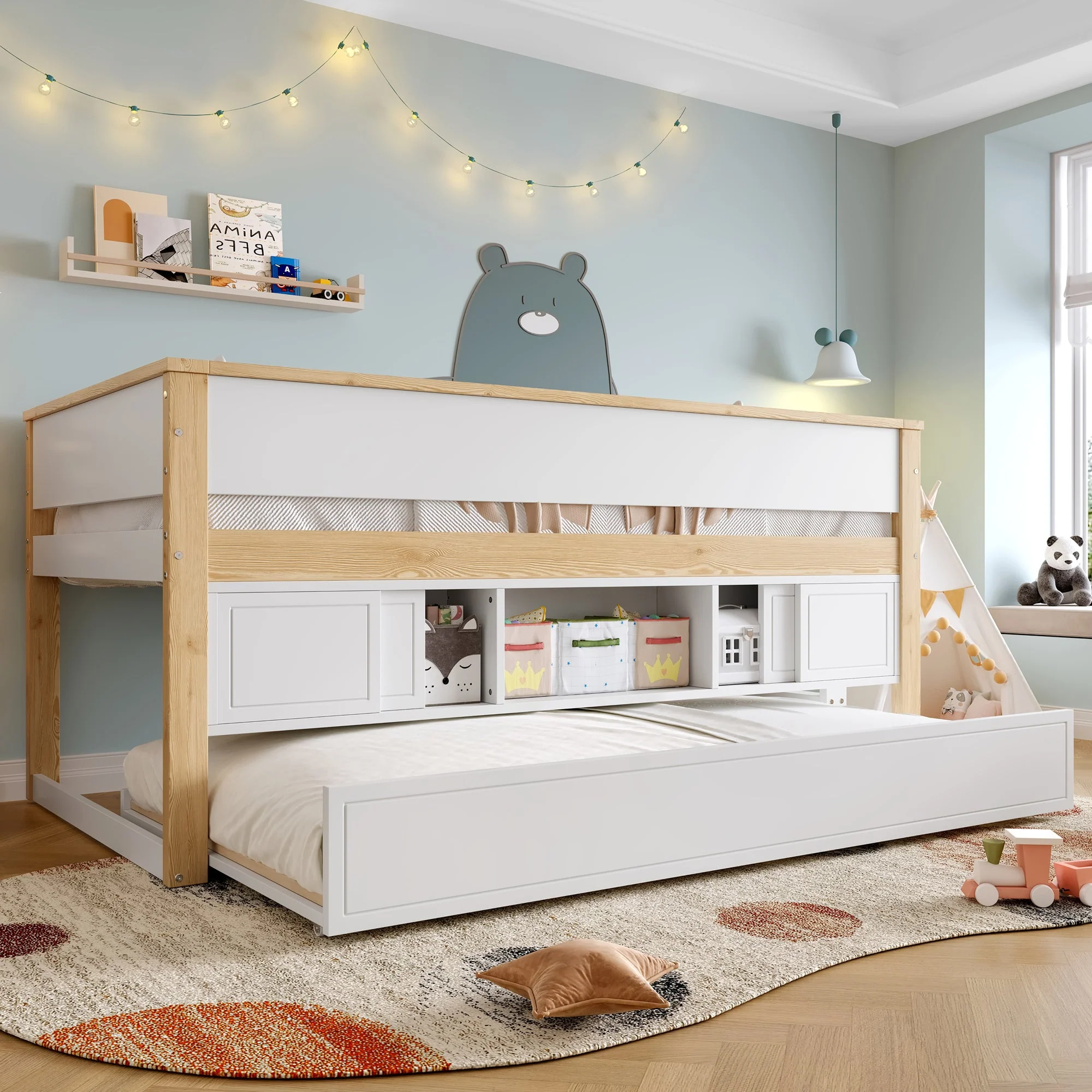 Mid-height Bed with Pull-Out Bed Storage 90x200cm, White + Natural - Image 3