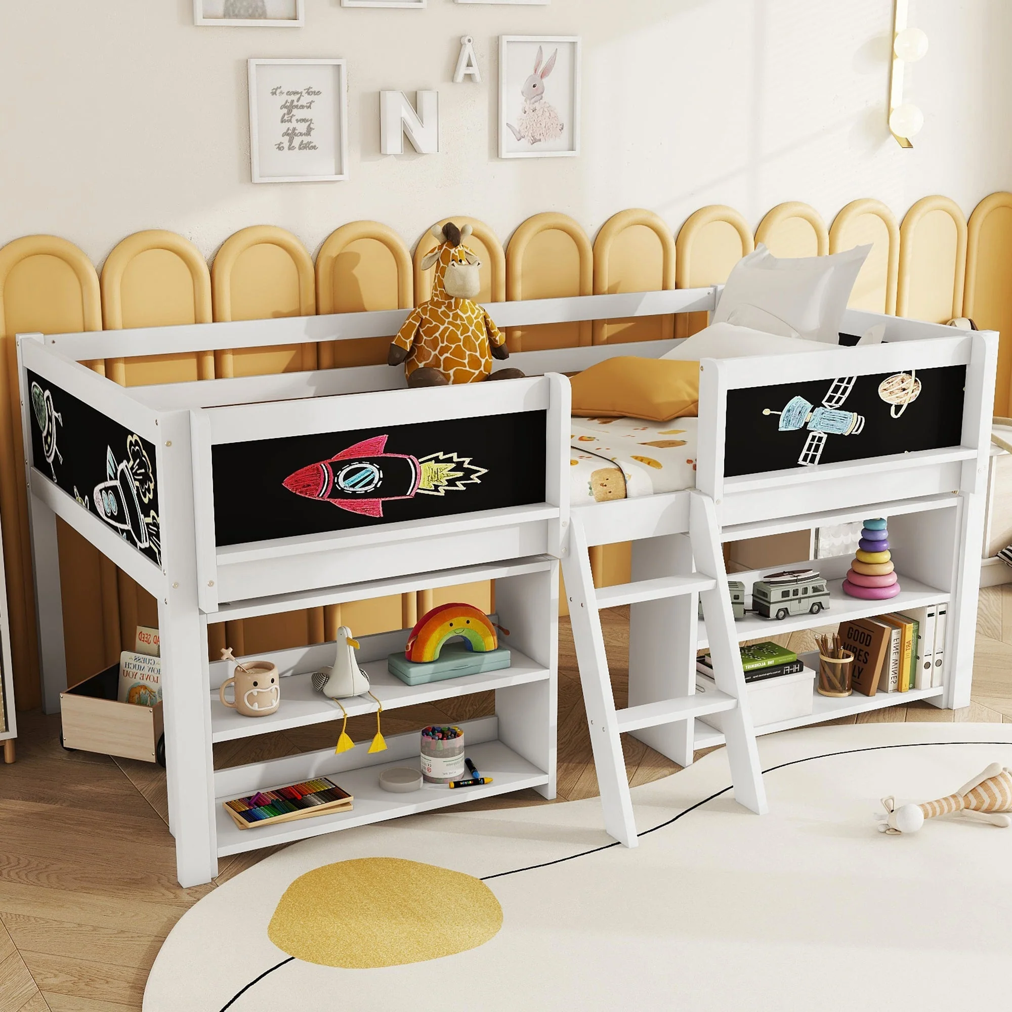 Mid-Sleeper Bed with Storage Shelves and Ladder, 90x200cm, White Pine Wood - Image 5