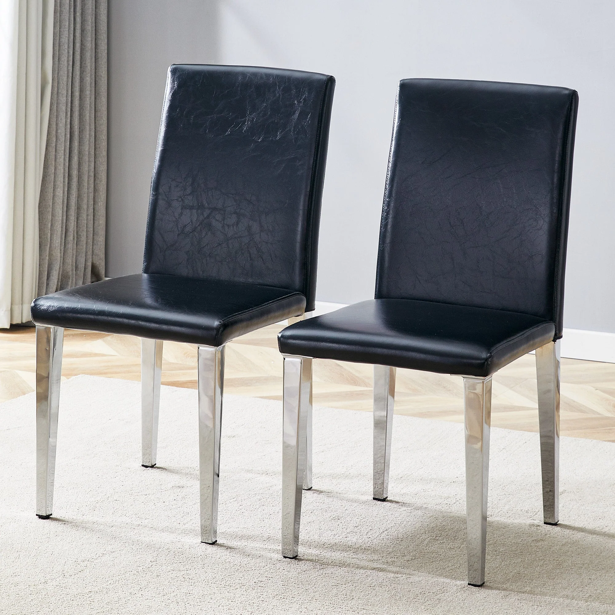 Minimalist Dining Chairs Set of 2, Ergonomic PU Leather and Metal, Black and Silver