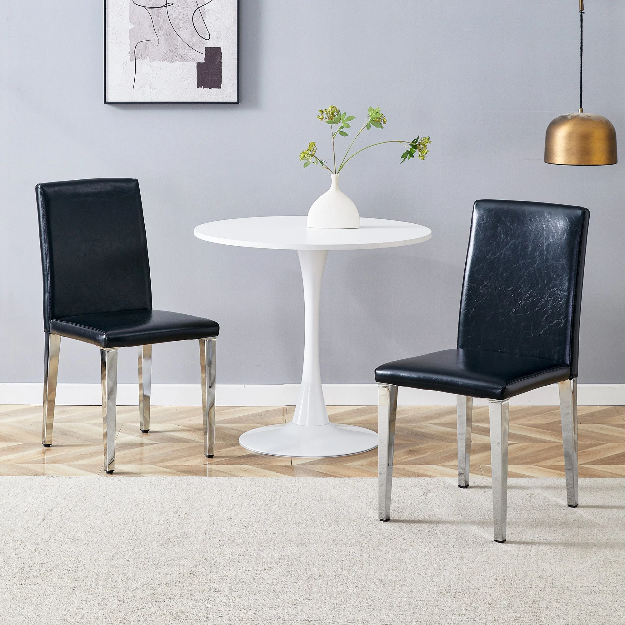 Minimalist Dining Chairs Set of 2, Ergonomic PU Leather and Metal, Black and Silver - Image 2