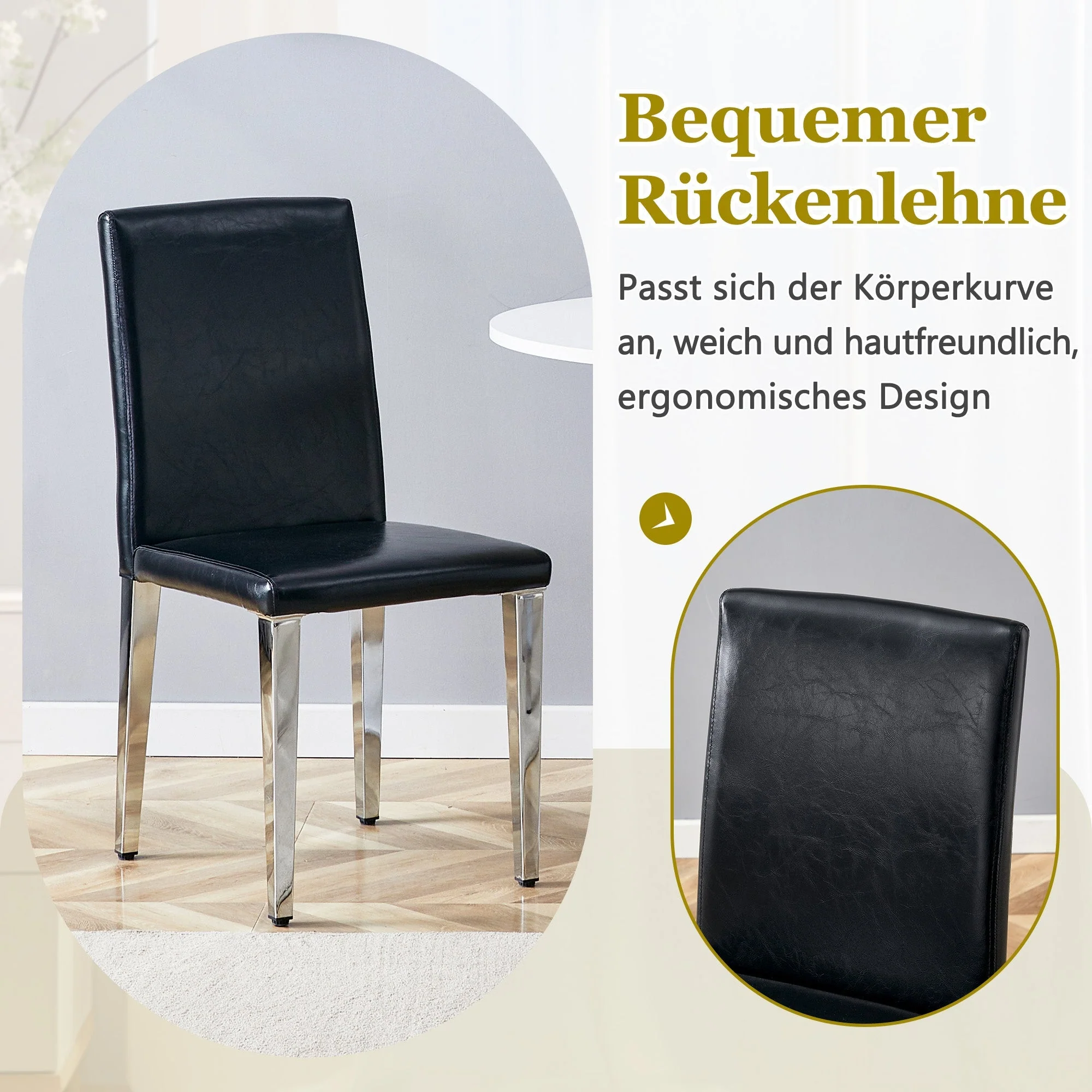 Minimalist Dining Chairs Set of 2, Ergonomic PU Leather and Metal, Black and Silver - Image 5