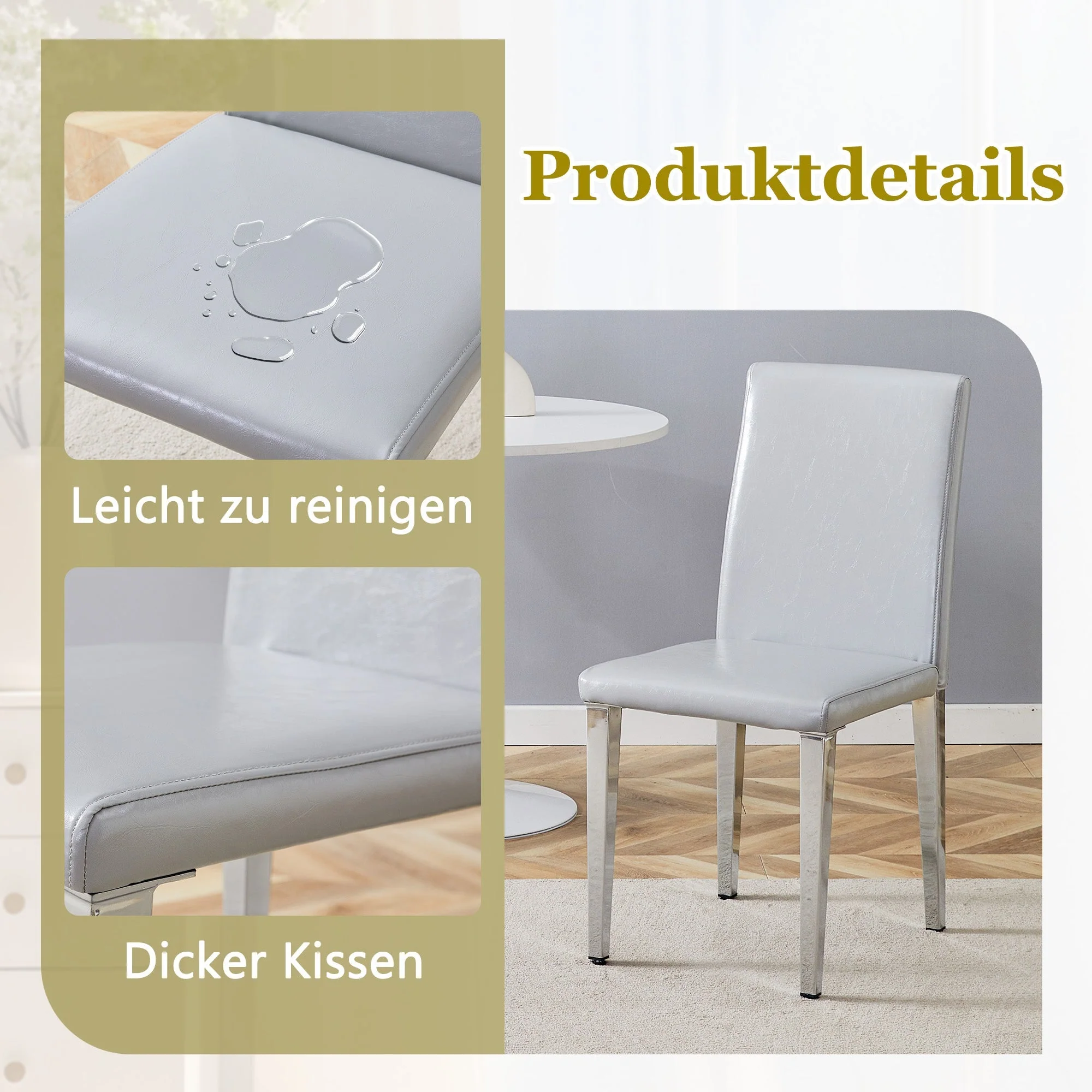 Minimalist Dining Chairs Set of 2, Ergonomic PU Leather with Metal Legs, Grey and Silver - Image 5