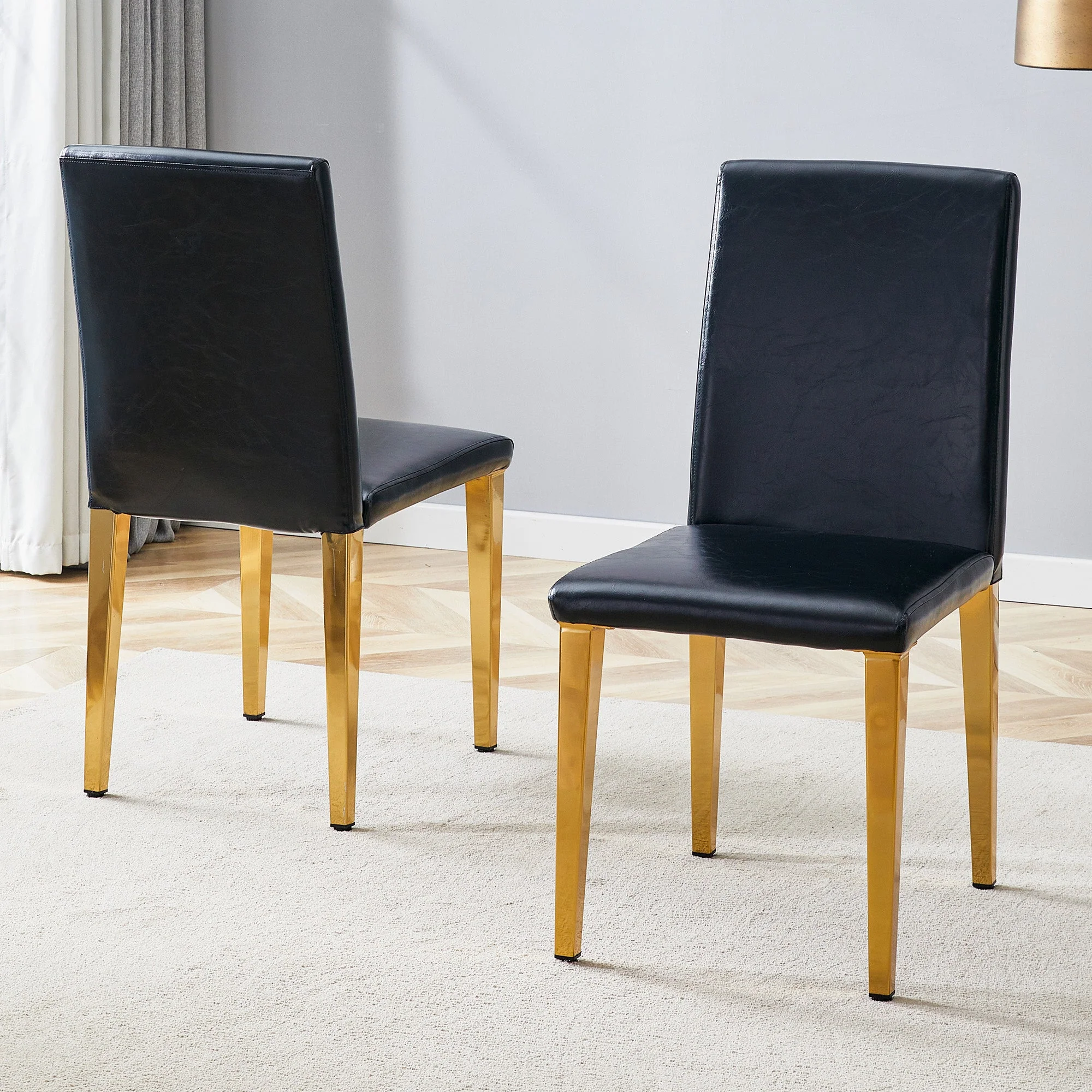 Minimalist Dining Chairs Set of 2 with Gold Metal Legs, Black PU Leather