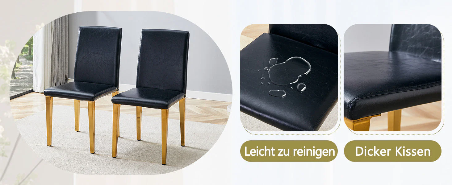 Minimalist Dining Chairs Set of 2 with Gold Metal Legs, Black PU Leather - Image 10