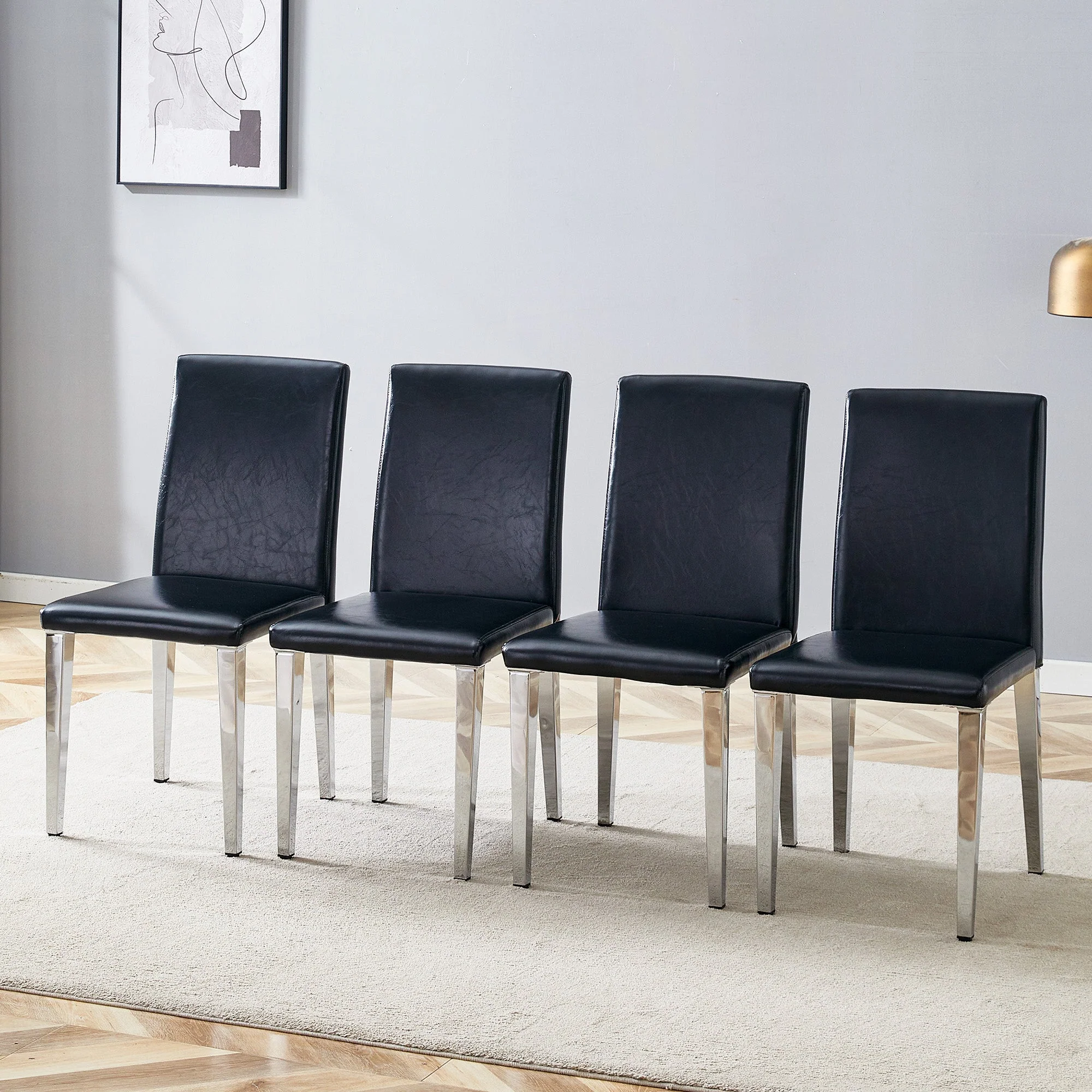 Minimalist Dining Chairs Set of 4, Modern Ergonomic Design with Metal Legs, Black PU Leather and Silver - Image 2