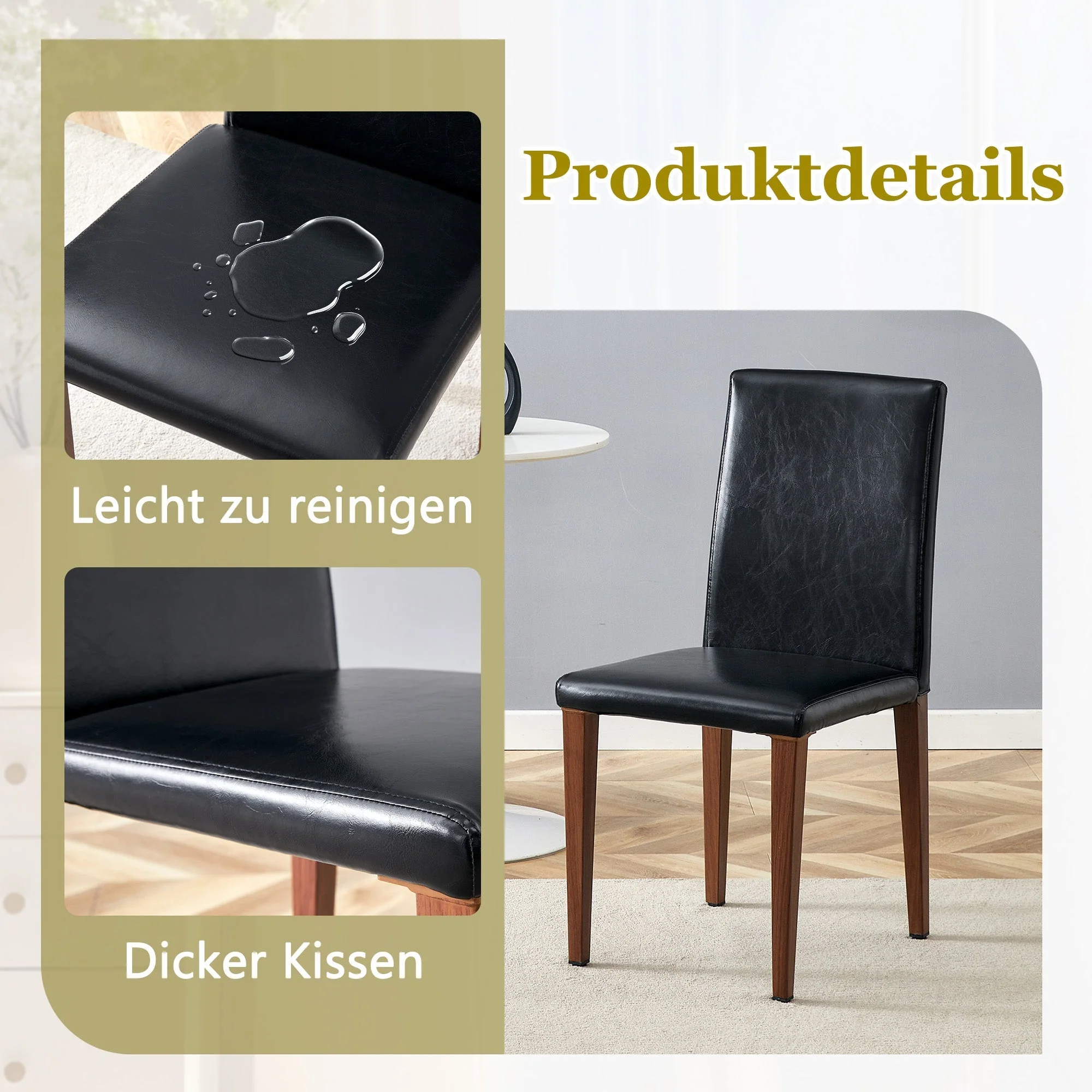 Minimalist Dining Chairs Set of 4, PU Leather and Metal Legs, Black and Walnut finish - Image 5