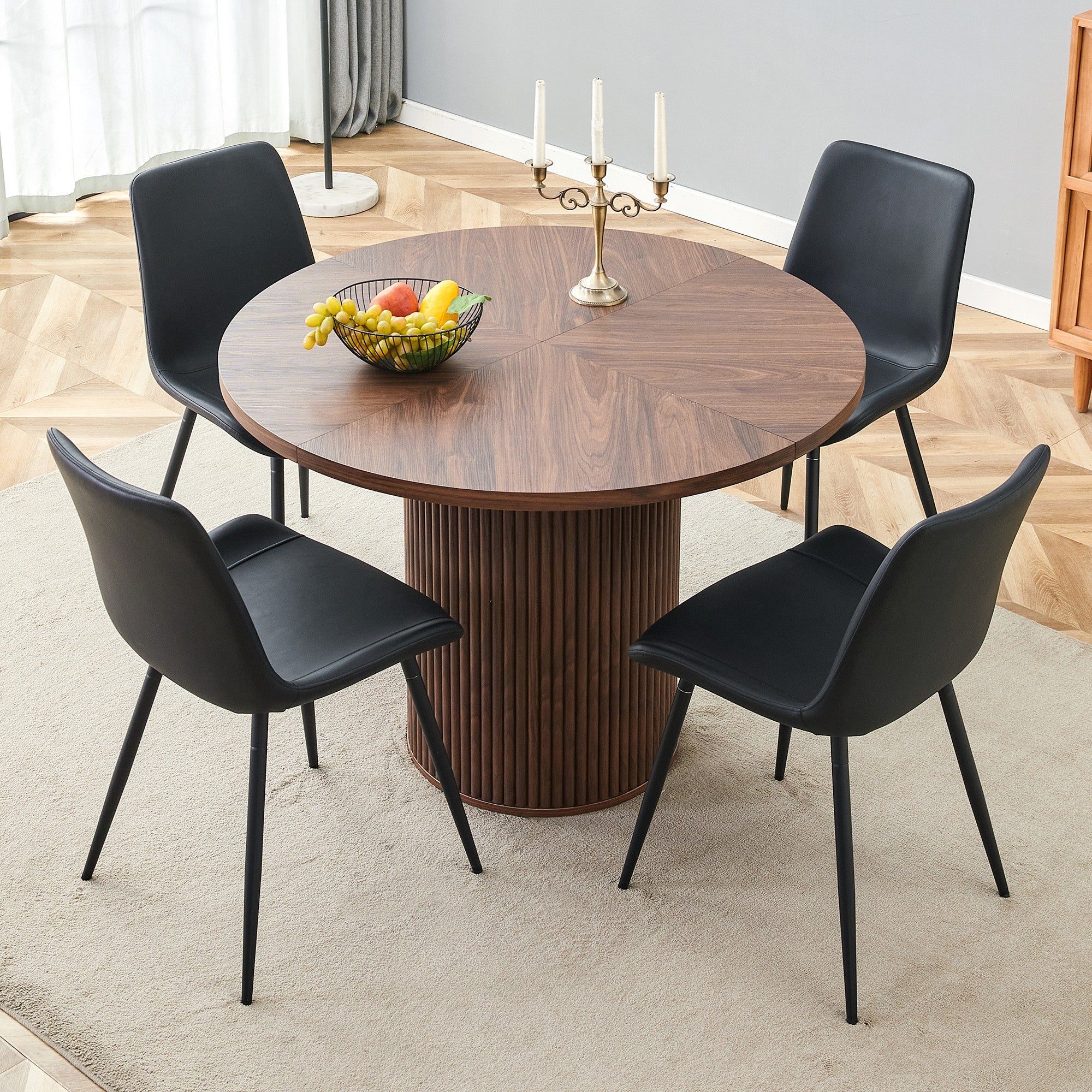 Minimalist Dining Set 100cm Table 4 Chairs - Walnut/Black PU