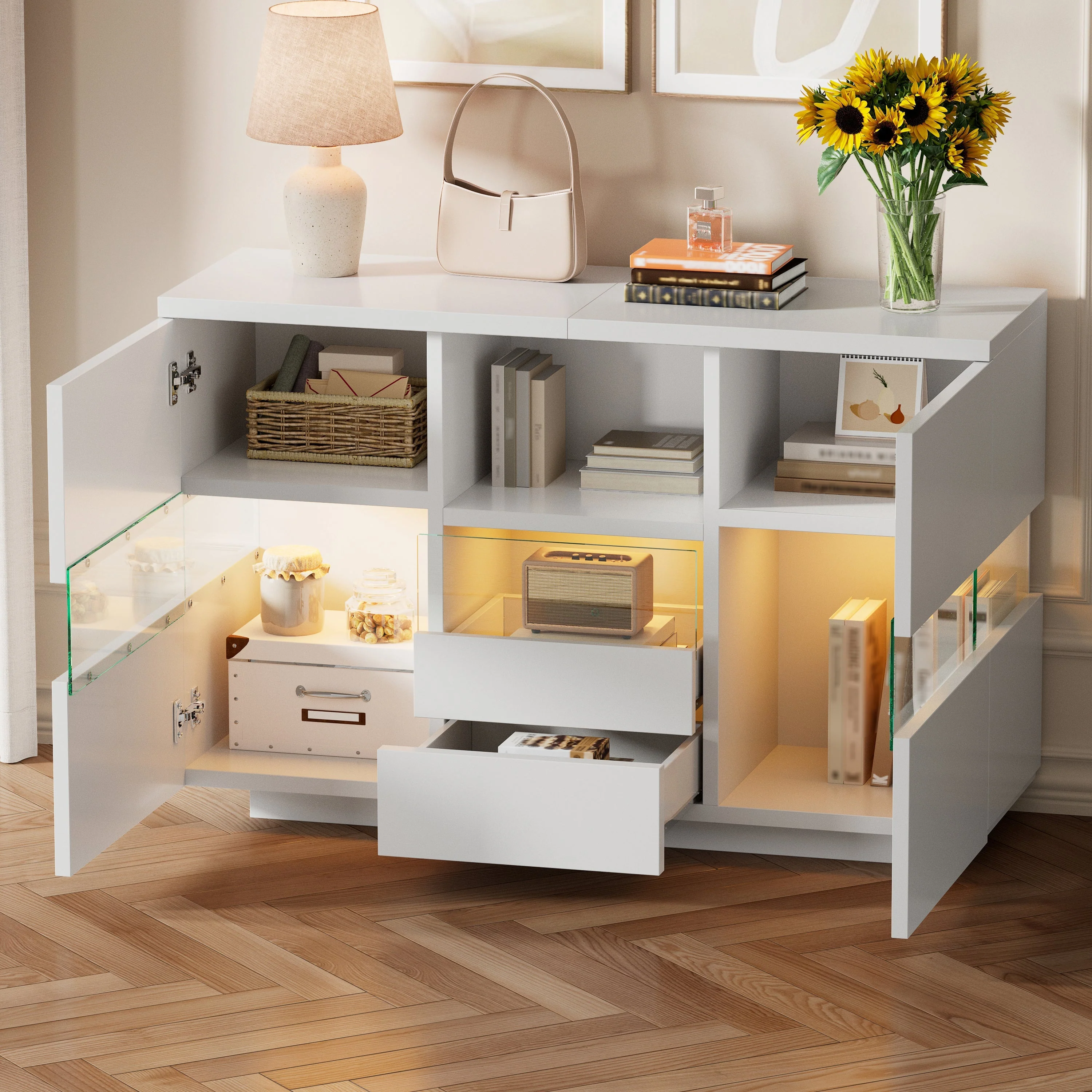 Minimalist Living Room Cabinet Double Level Floating Floor Storage White - Image 8