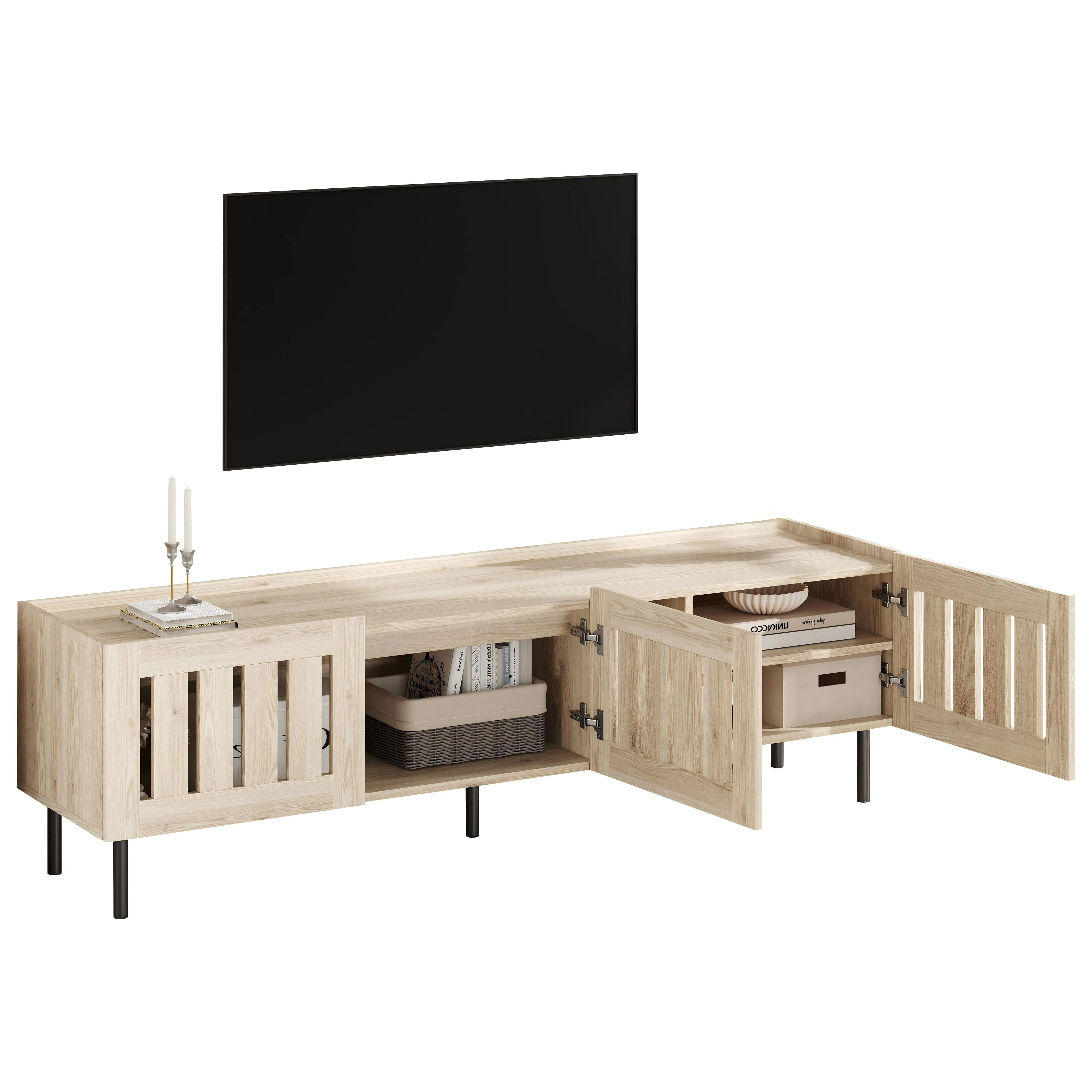 Minimalist Lowboard TV Stand 160cm Openwork Design for 65-inch TV - Natural Wood - Image 9