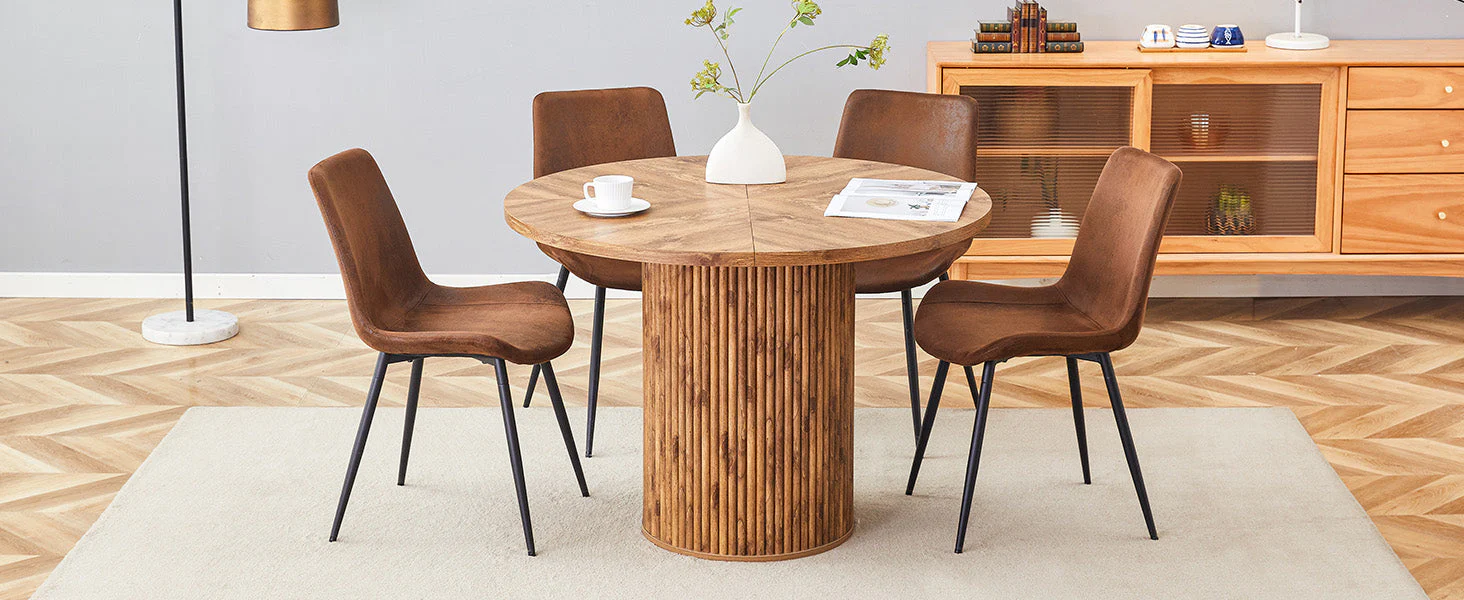 Minimalist Round Dining Set 100cm Table 4 Chairs MDF Wood Look/Brown Fabric - Image 10
