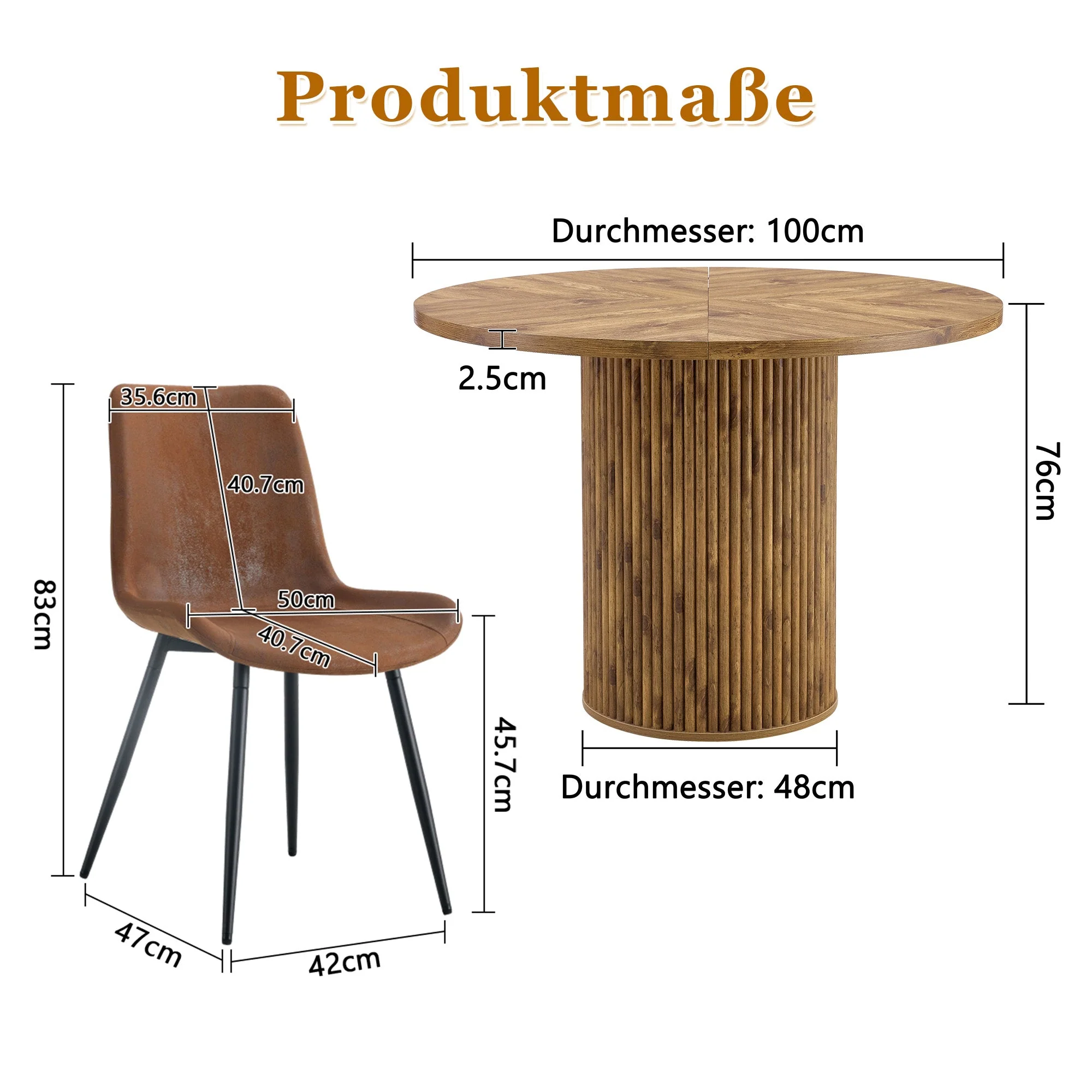 Minimalist Round Dining Set 100cm Table 4 Chairs MDF Wood Look/Brown Fabric - Image 4