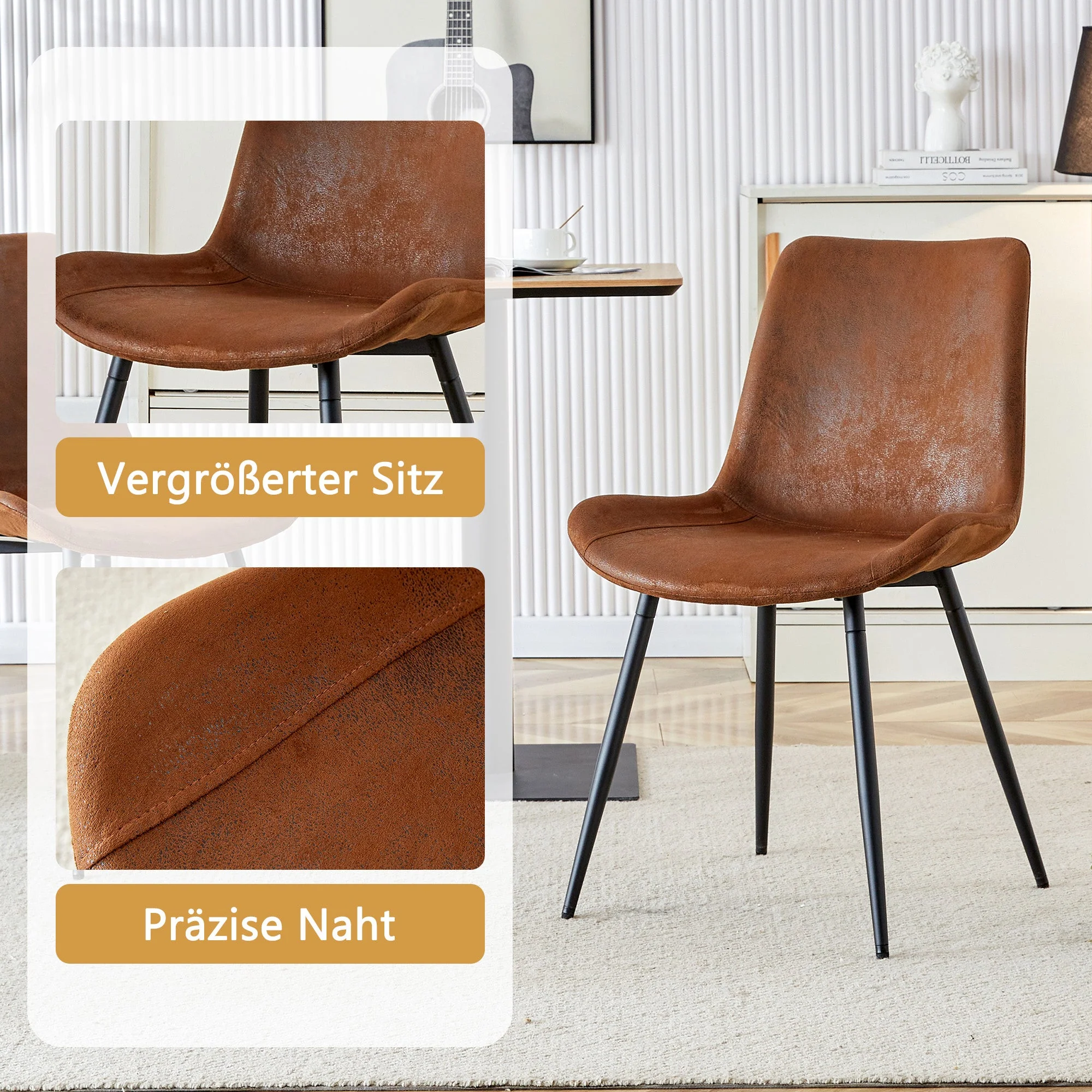 Minimalist Round Dining Set 100cm Table 4 Chairs MDF Wood Look/Brown Fabric - Image 5