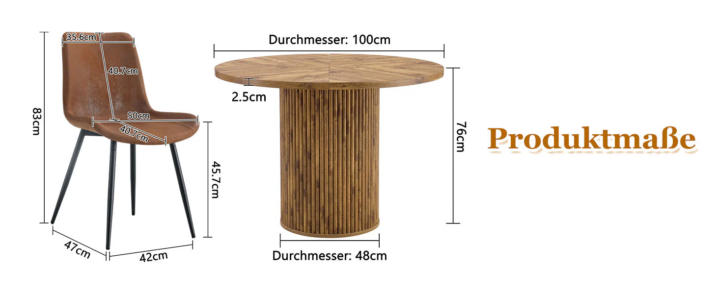 Minimalist Round Dining Set 100cm Table 4 Chairs MDF Wood Look/Brown Fabric - Image 9