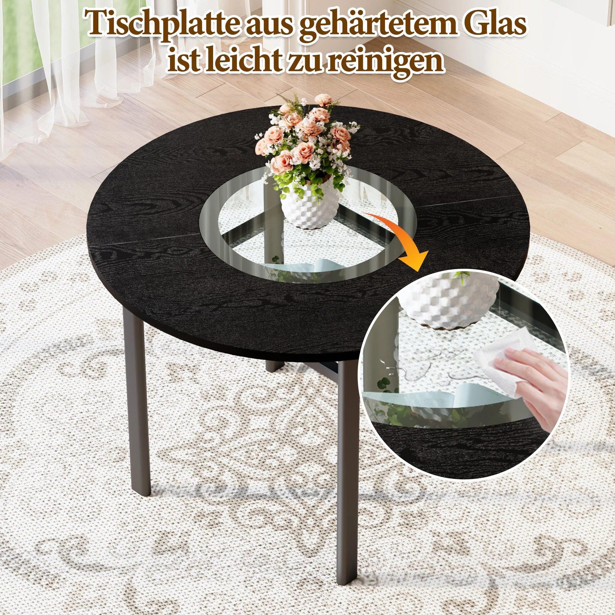 Minimalist Round Table Set 100cm 4 Armchairs - Black Wood Look/Warm Grey PU - Image 10