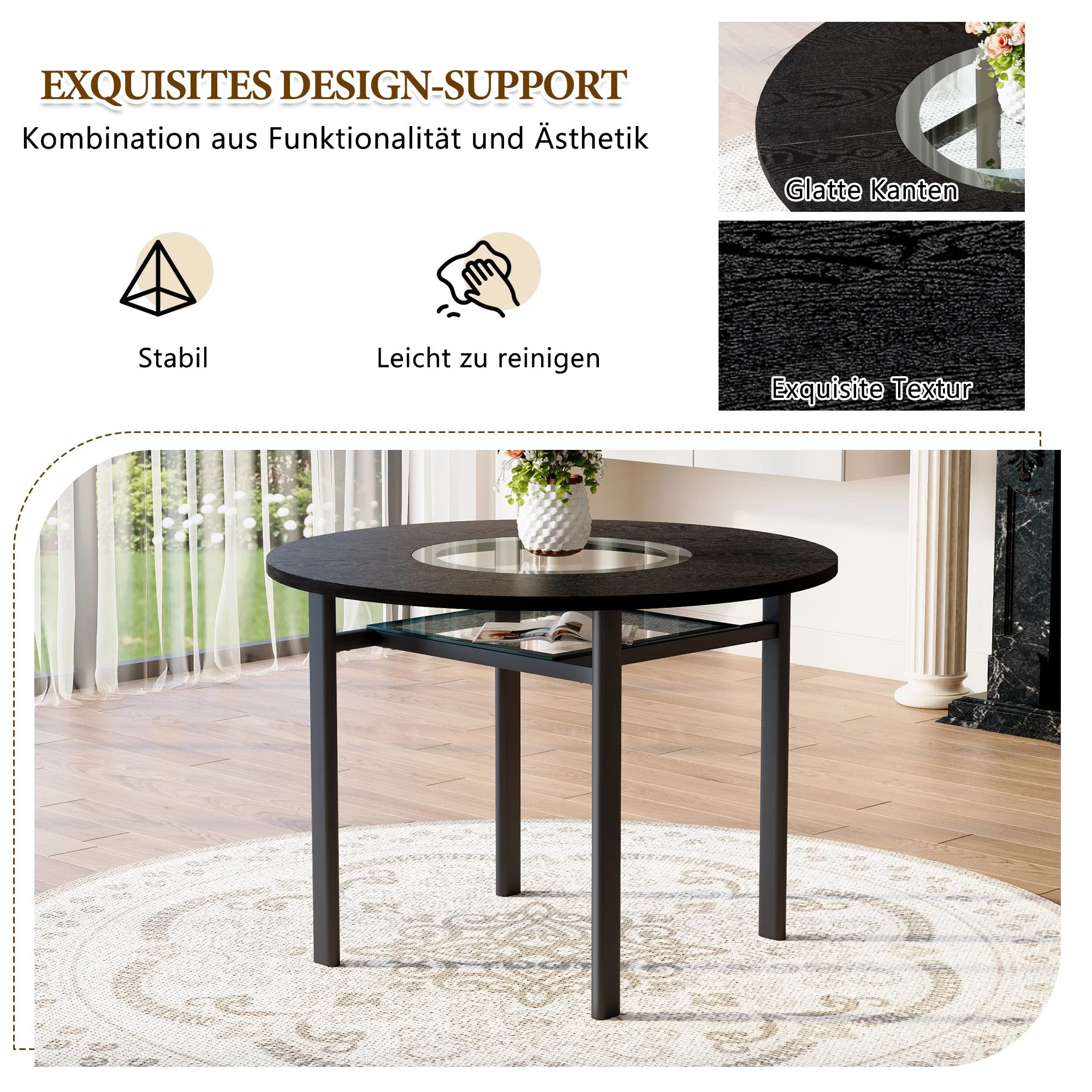Minimalist Round Table Set 100cm 4 Armchairs - Black Wood Look/Warm Grey PU - Image 8