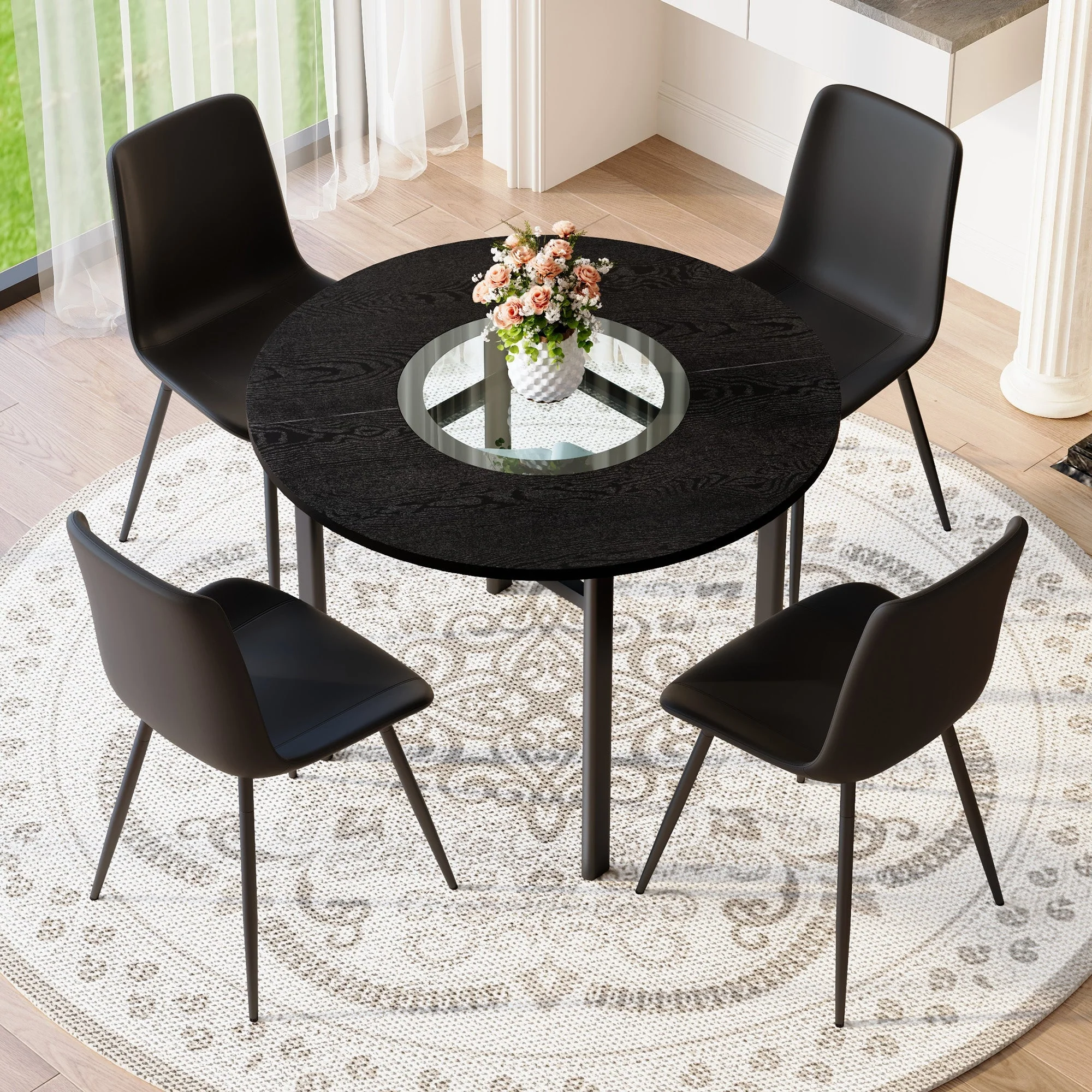Minimalist Round Table Set 100cm with 4 PU Armchairs - Black Wood Look