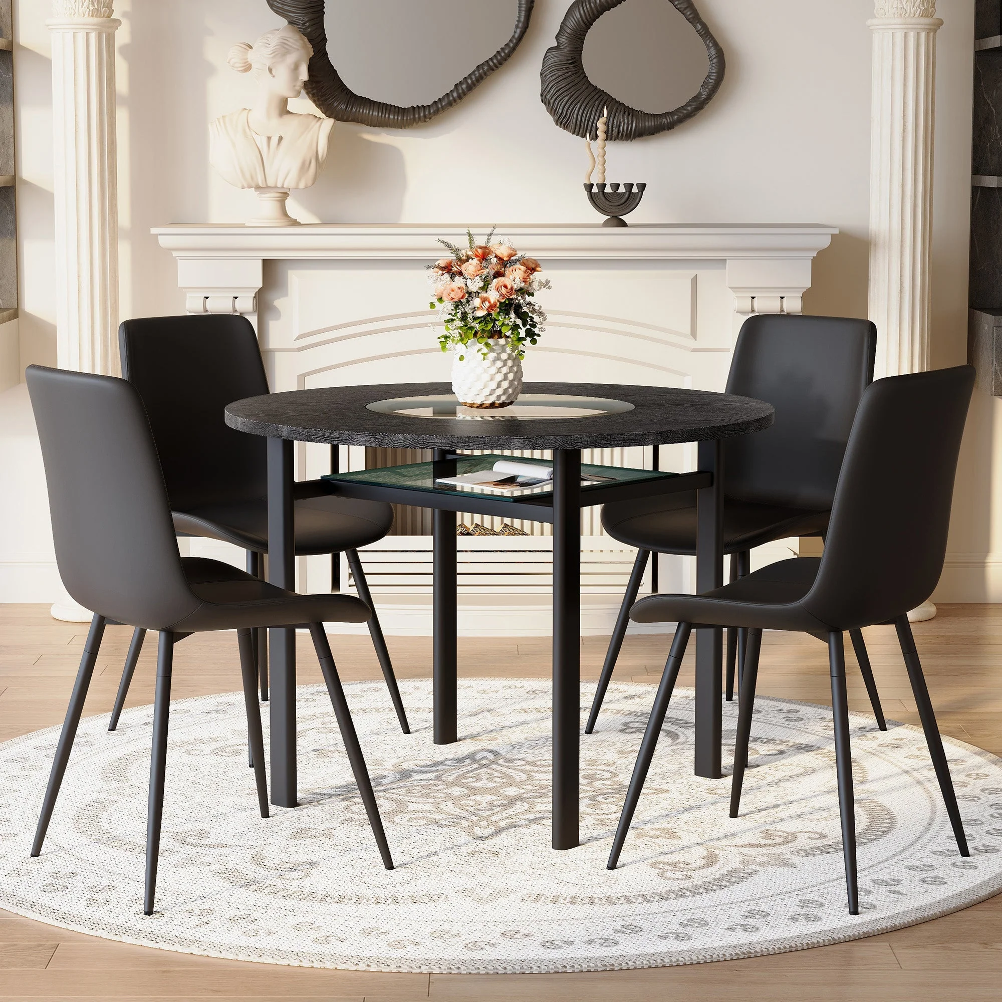 Minimalist Round Table Set 100cm with 4 PU Armchairs - Black Wood Look - Image 3