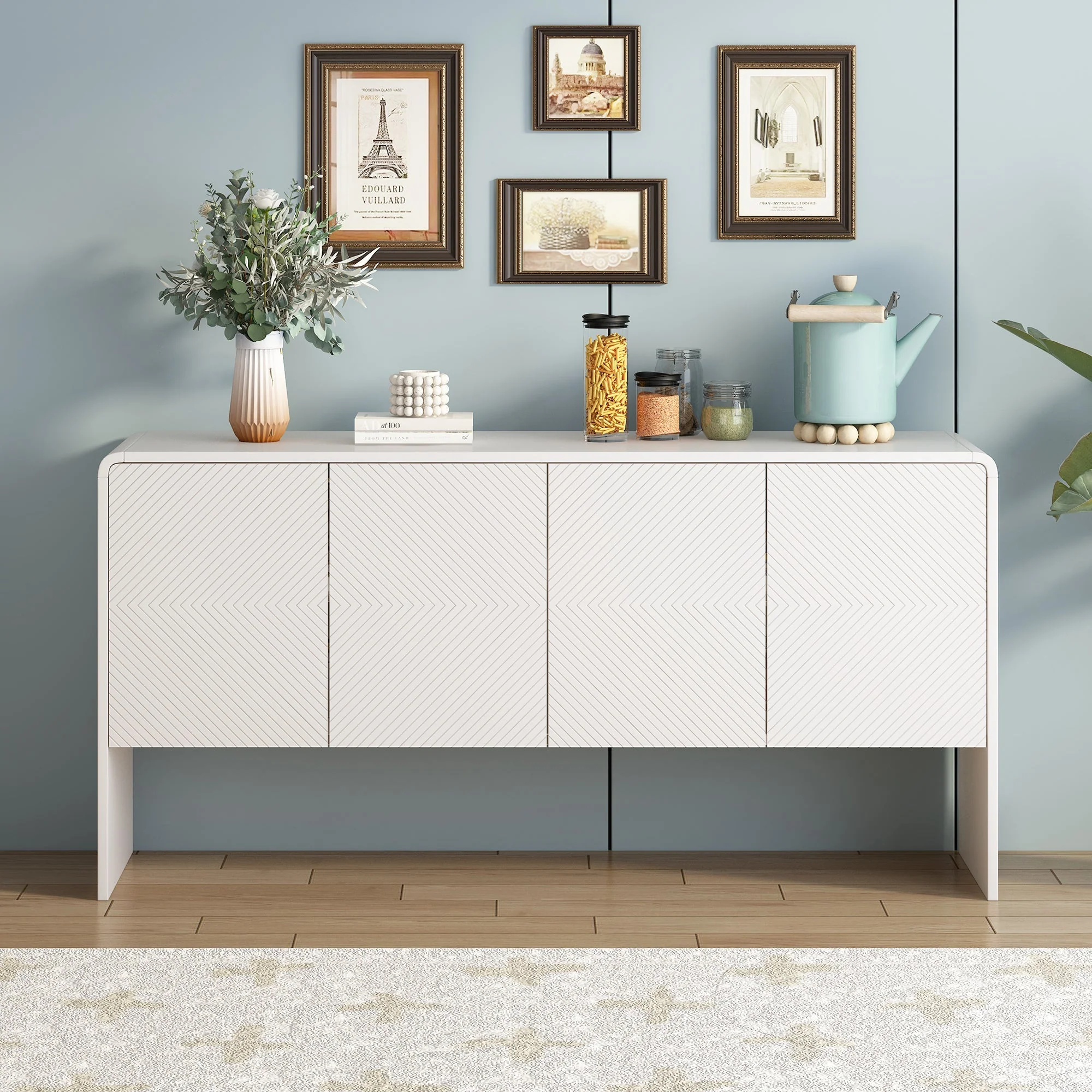 Minimalist Storage Sideboard with 4 Doors and Reclining Mechanism, White - Image 3