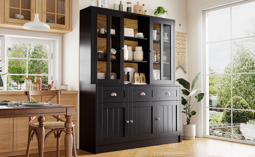 Minimalist Tall Display Cabinet with Drawers and Storage, Black - Image 4