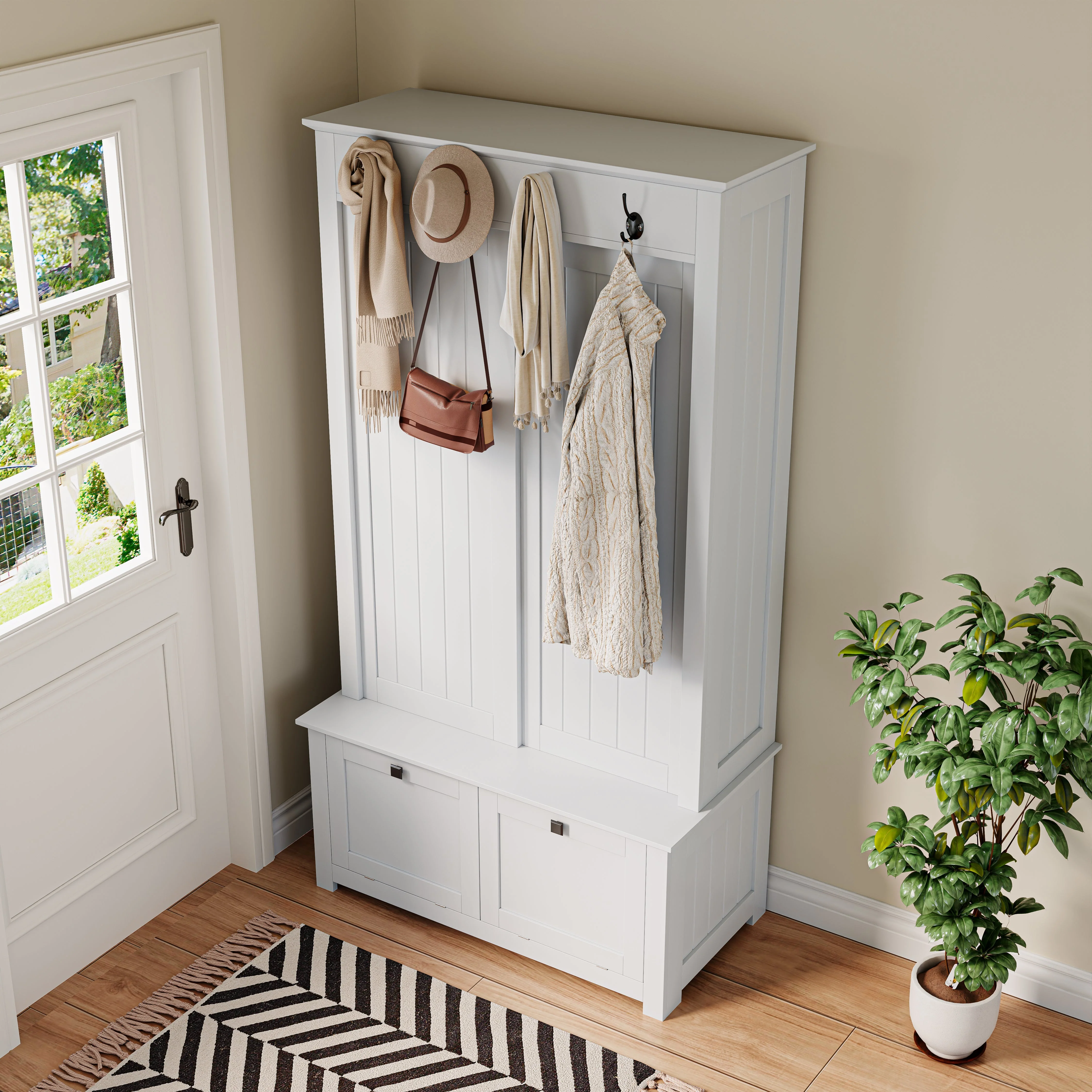 Minimalist Wardrobe Set with Shoe Cabinet, Hooks & Storage - White - Image 10