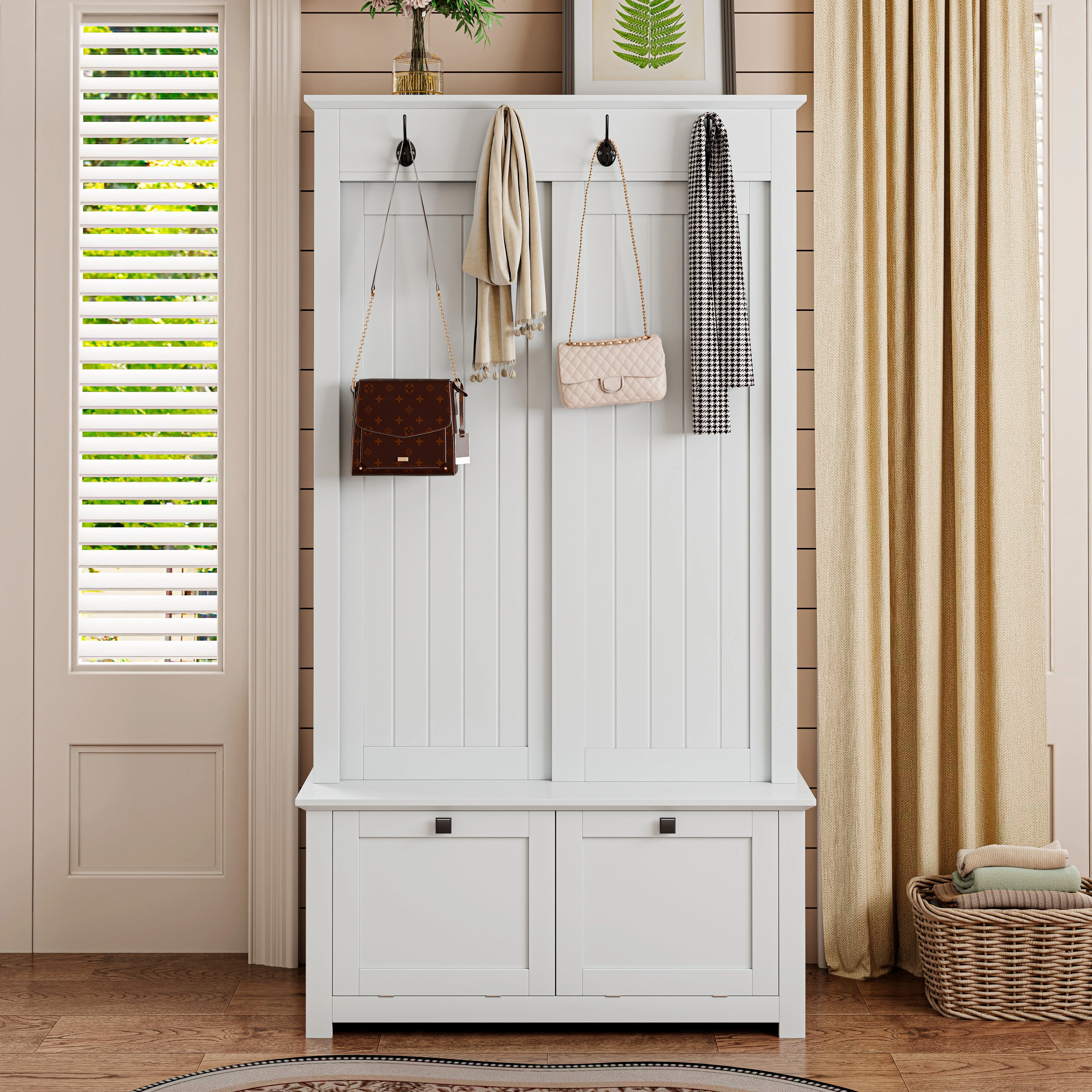 Minimalist Wardrobe Set with Shoe Cabinet, Hooks & Storage - White - Image 7