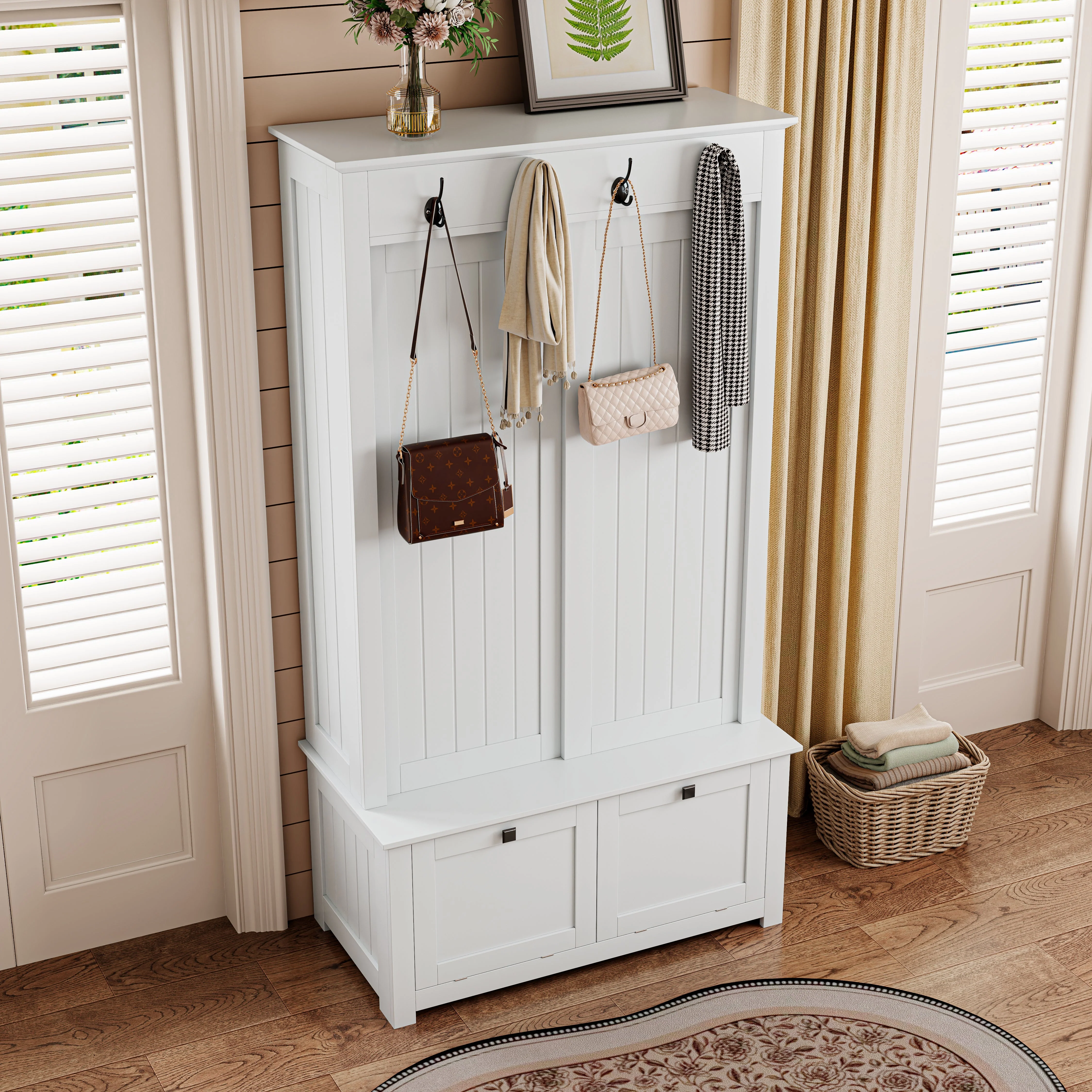 Minimalist Wardrobe Set with Shoe Cabinet, Hooks & Storage - White - Image 9