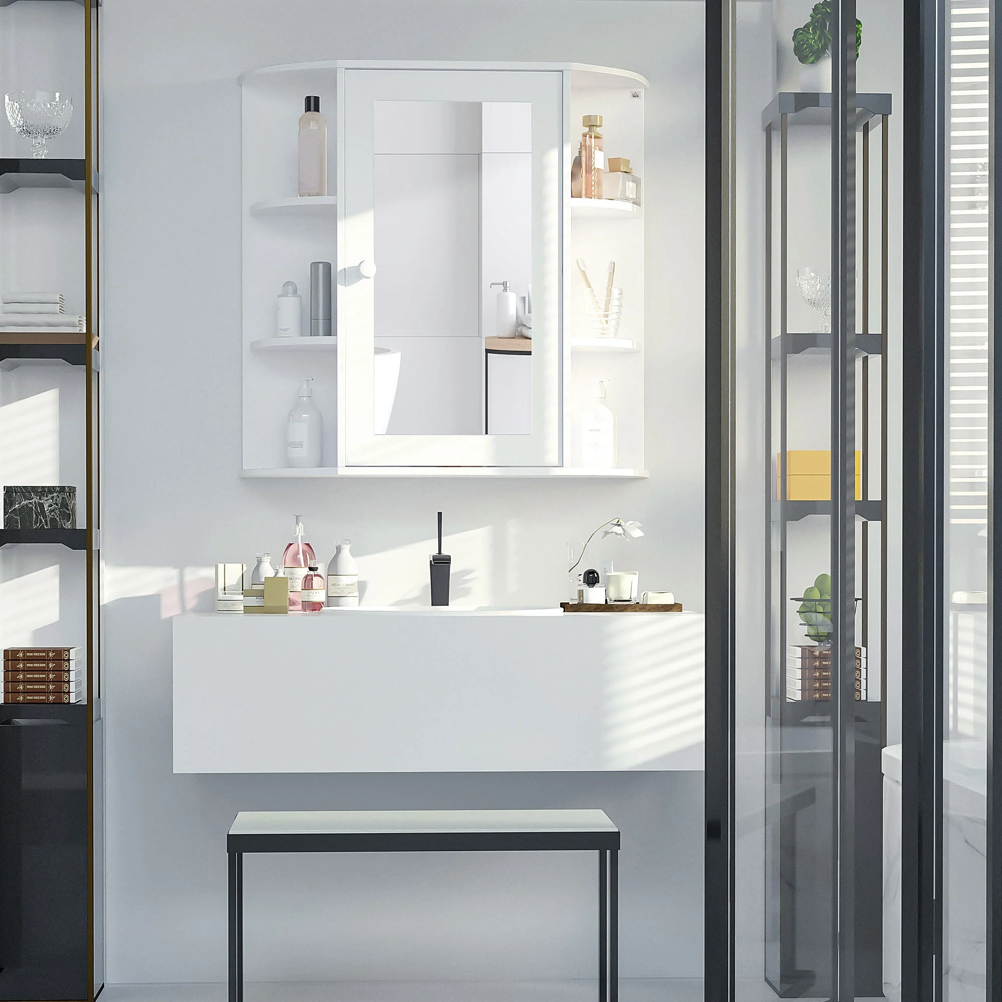 Mirror Cabinet, Wall Mounted with 8 Compartments, White