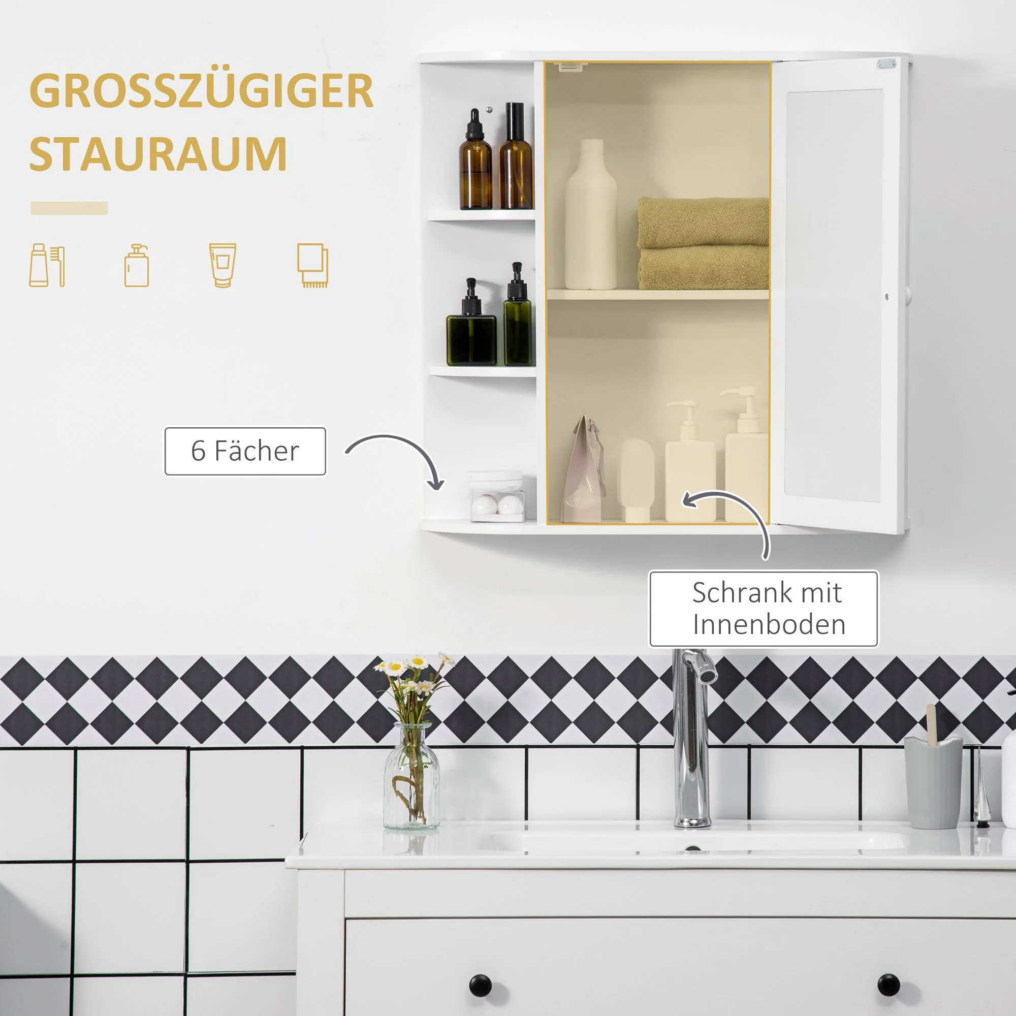 Mirror Cabinet, Wall Mounted with 8 Compartments, White - Image 5