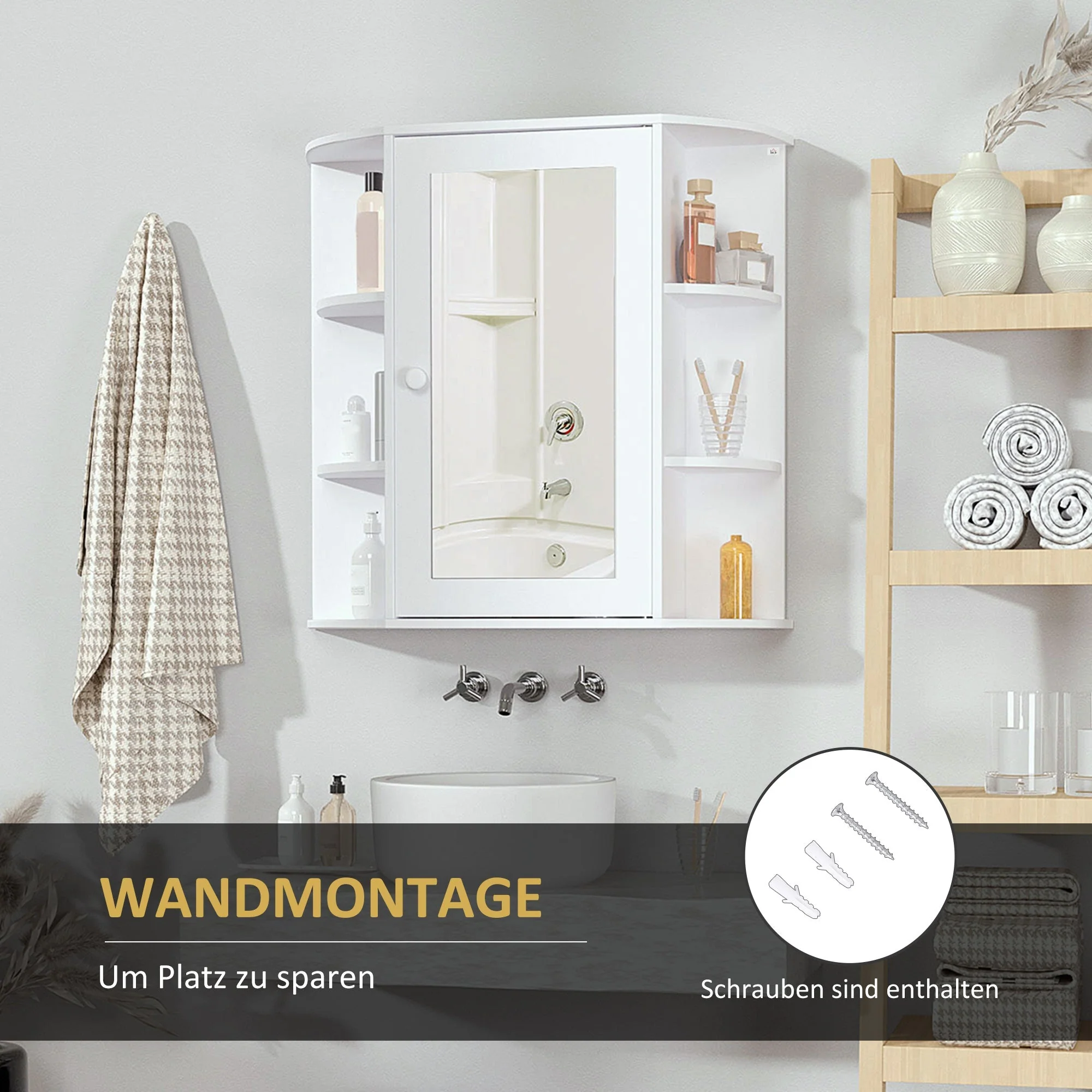 Mirror Cabinet, Wall Mounted with 8 Compartments, White - Image 6