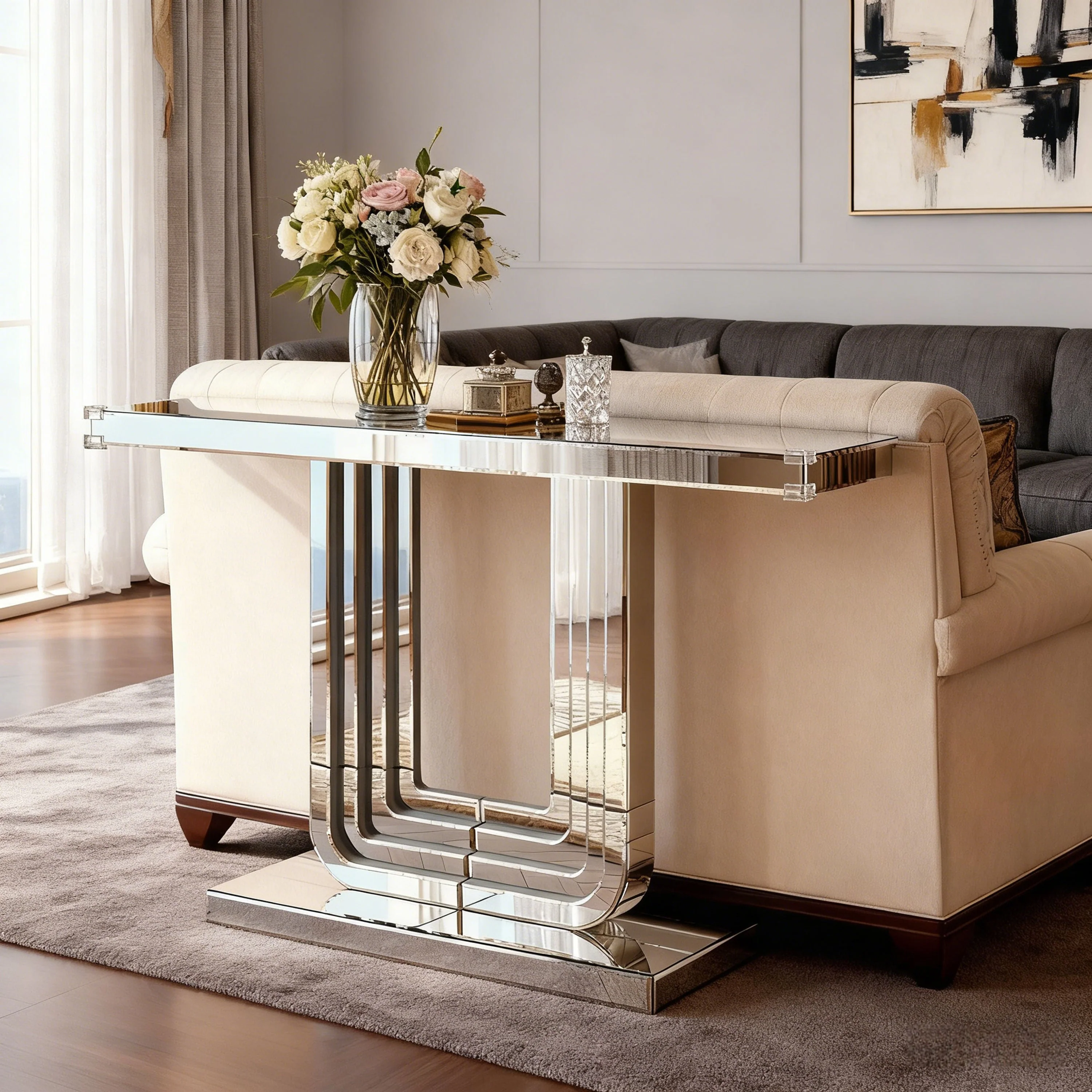 Mirrored Console Table 120cm Modern U-Shape - Silver - Image 3