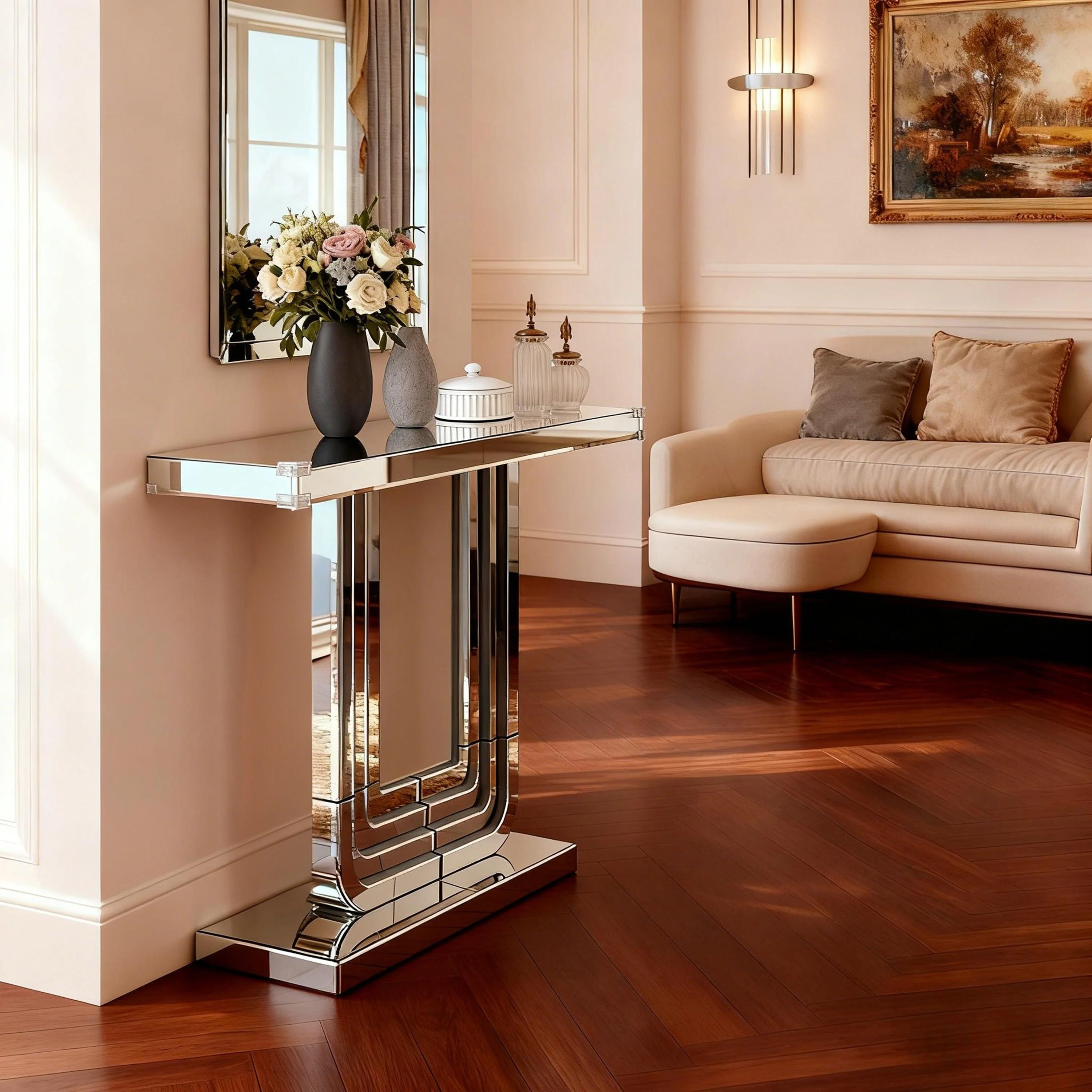 Mirrored Console Table 120cm Modern U-Shape - Silver - Image 5