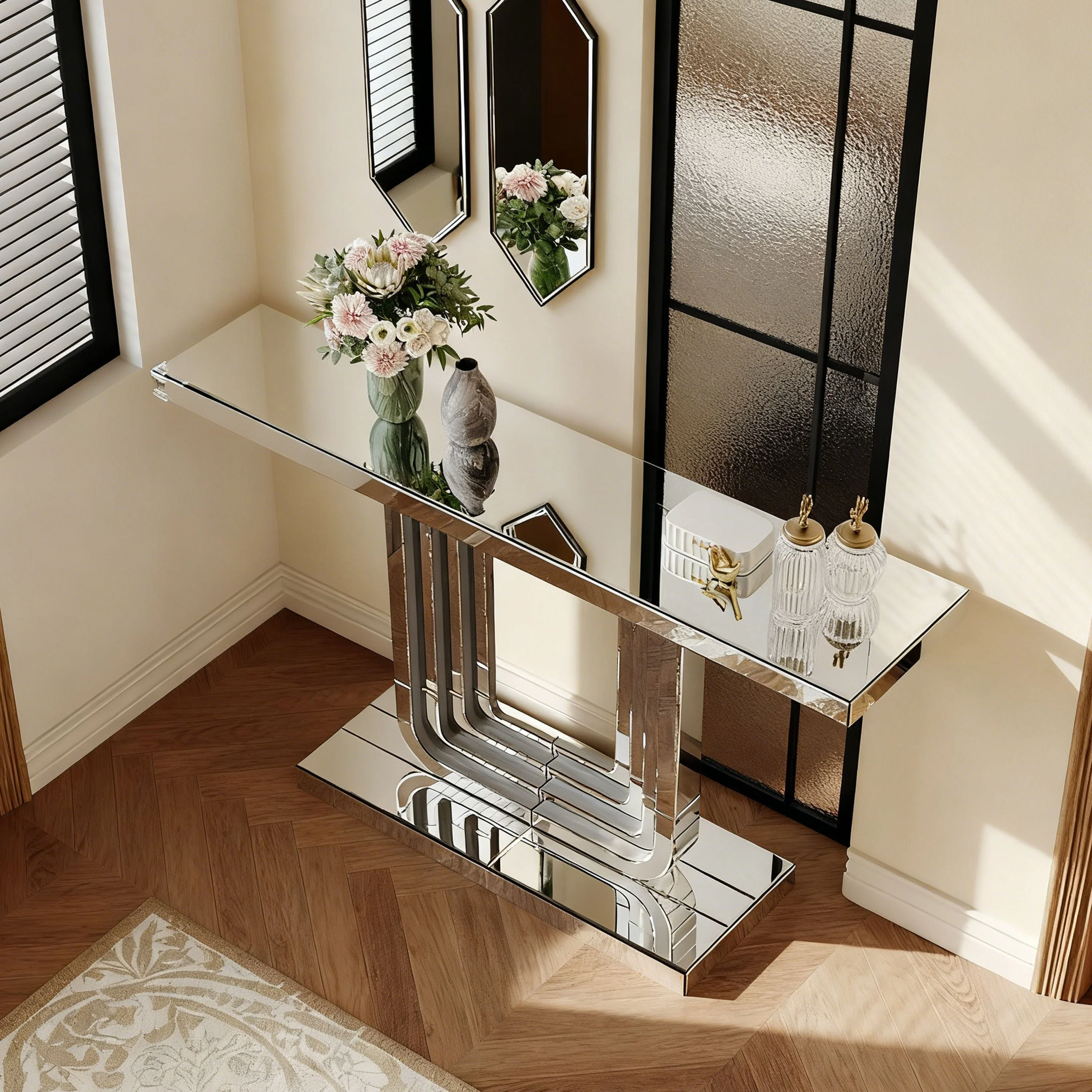 Mirrored Console Table 120cm Modern U-Shape - Silver - Image 6