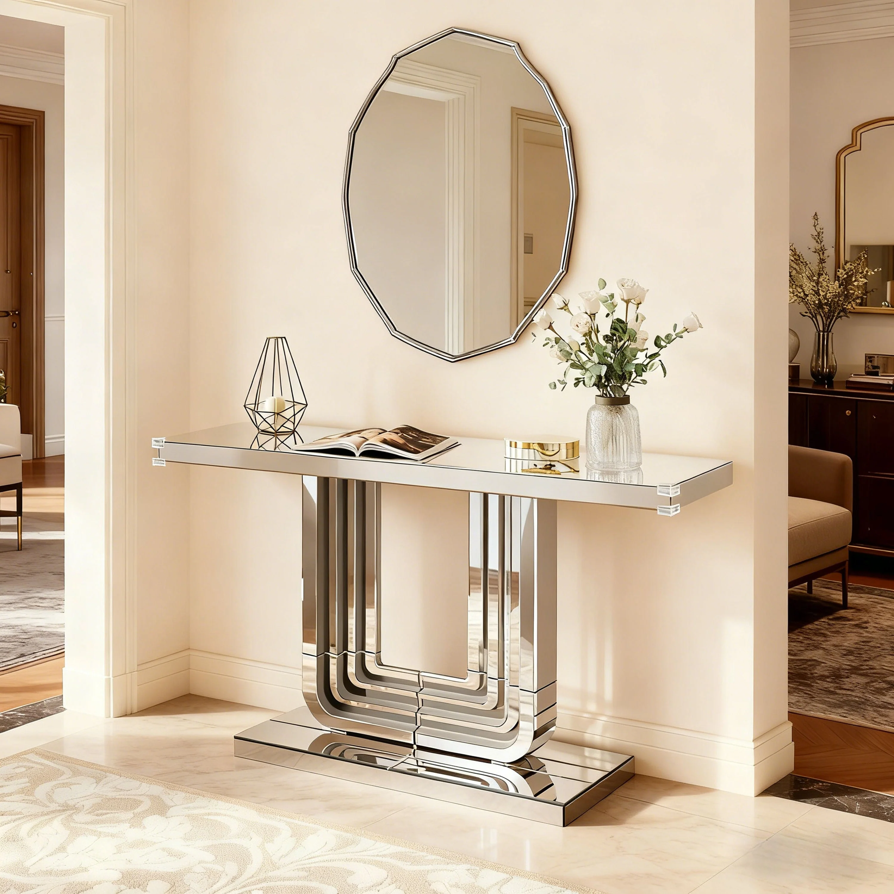 Mirrored Console Table 120cm Modern U-Shape - Silver - Image 7