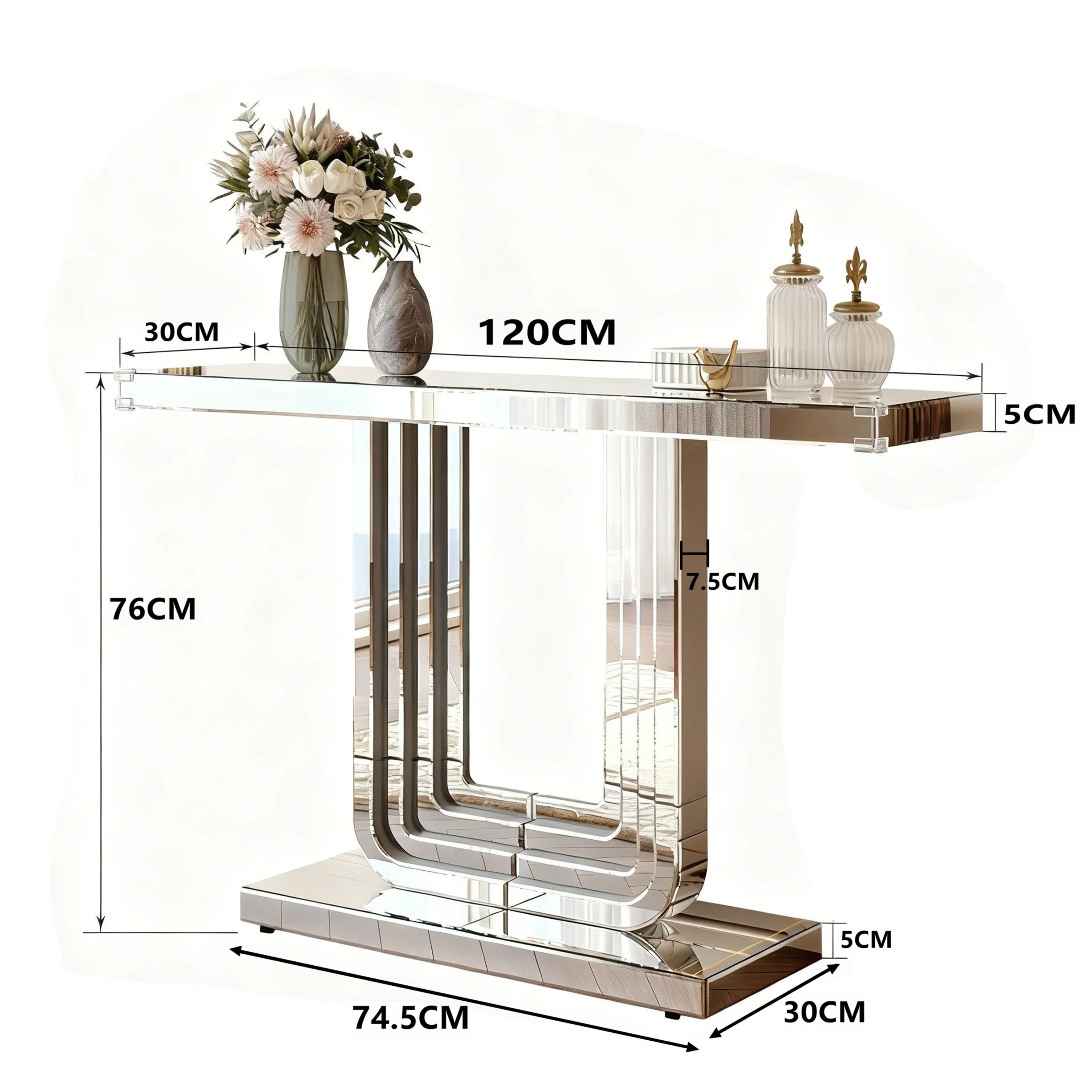 Mirrored Console Table 120cm Modern U-Shape - Silver - Image 8